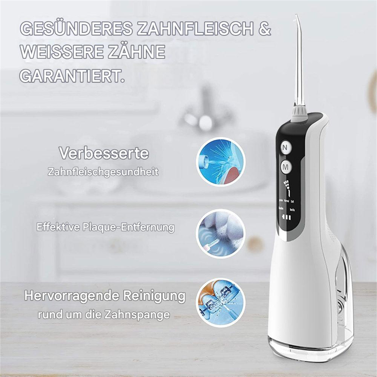 Ein elektrischer Wasserflosser wird gezeigt. Er ist weiß und hat eine Düse. Illustrationen zeigen seine Vorteile.