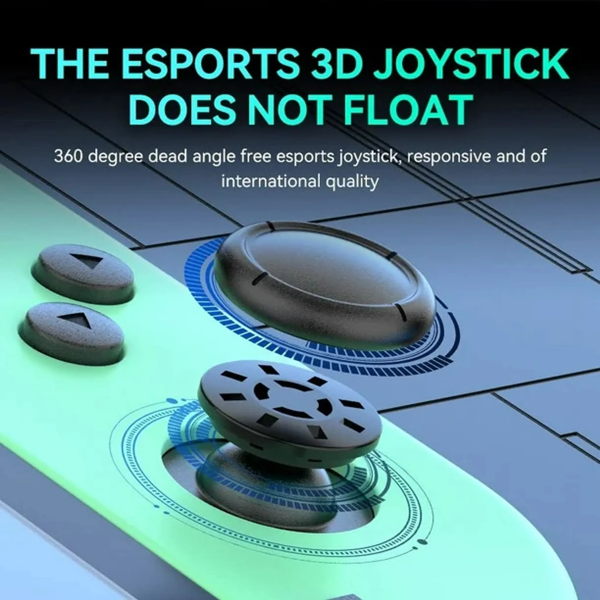 E-Sport-Joystick mit drei Knöpfen und zwei kreisförmigen Bedienelementen auf grüner Oberfläche. Blaue Linien.