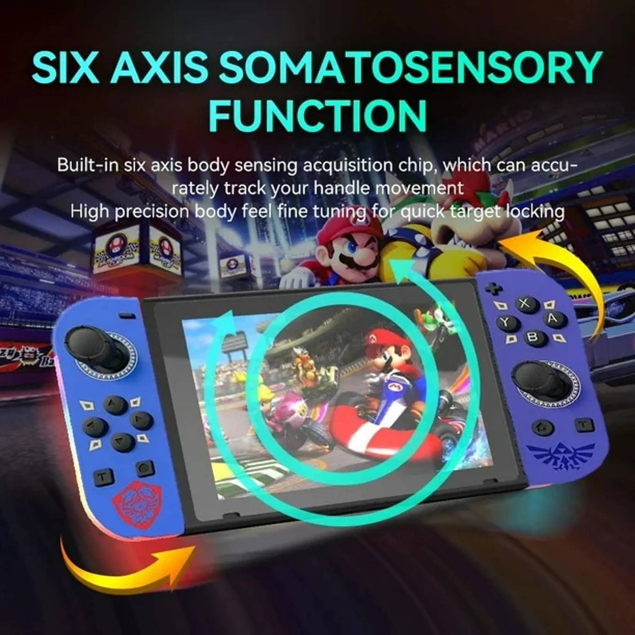 Ein Spielkonsolen-Controller mit einem Bildschirm, der ein Mario Kart-Spiel anzeigt, mit Text über die Funktion.