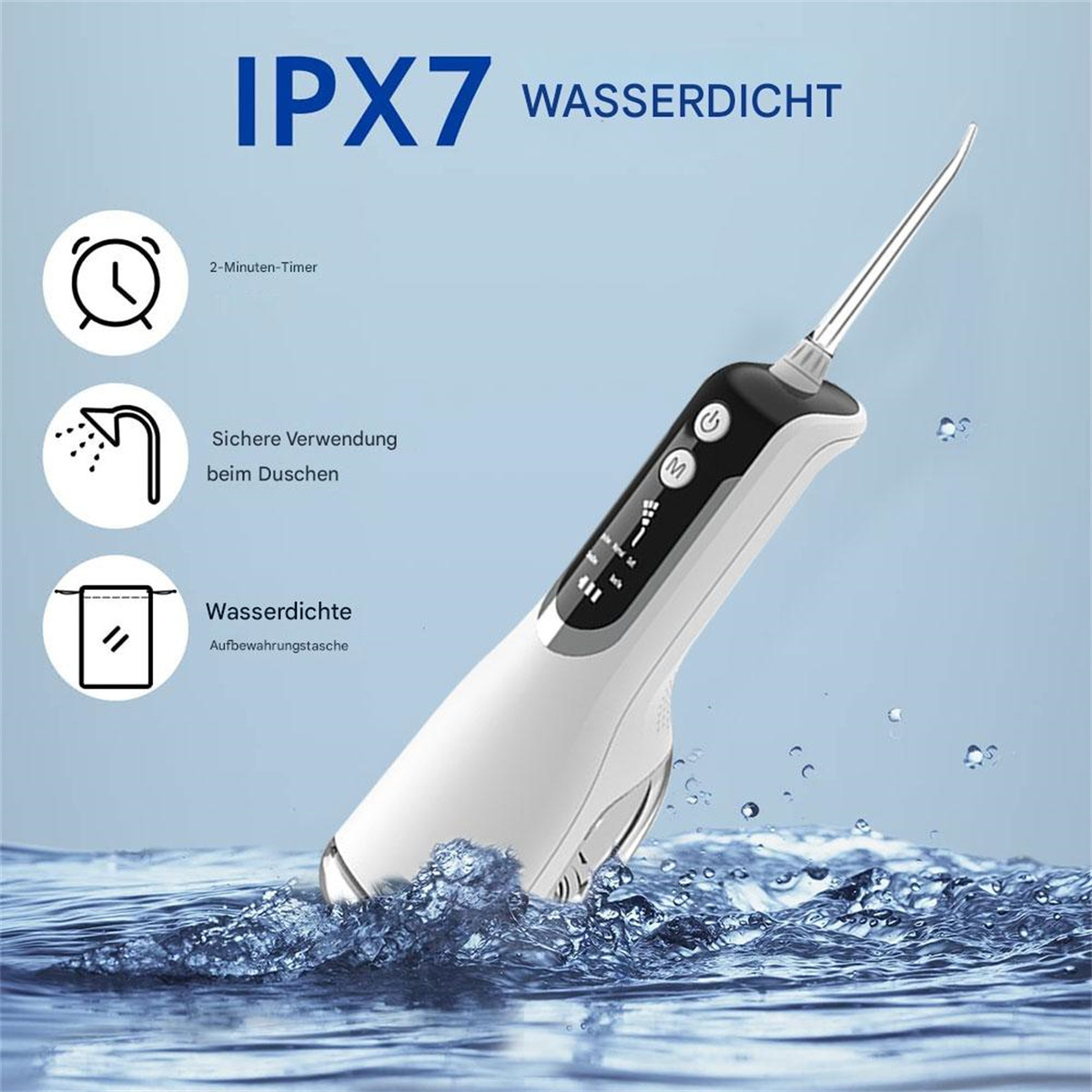 Weiß-schwarzer Wasserflosser mit Text, der Wasserdichtigkeit und Verwendung anzeigt, in einem Wasserspritzer.