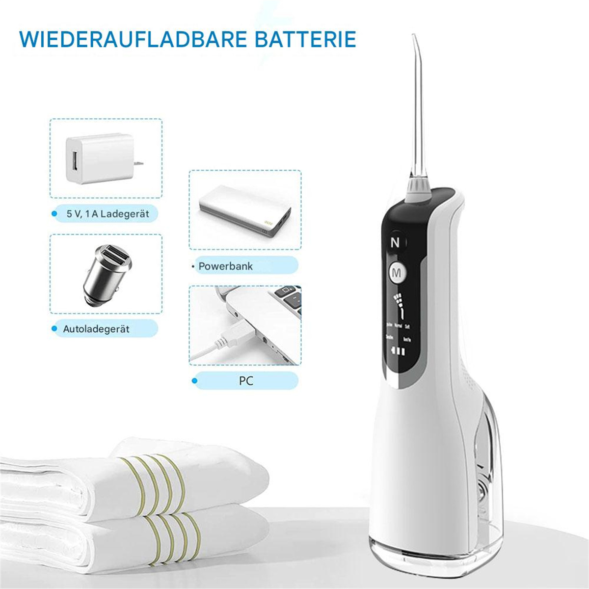 Ein weiß-blauer Wasserflosser mit Zubehör wie Ladegerät, Powerbank und USB-Kabel.