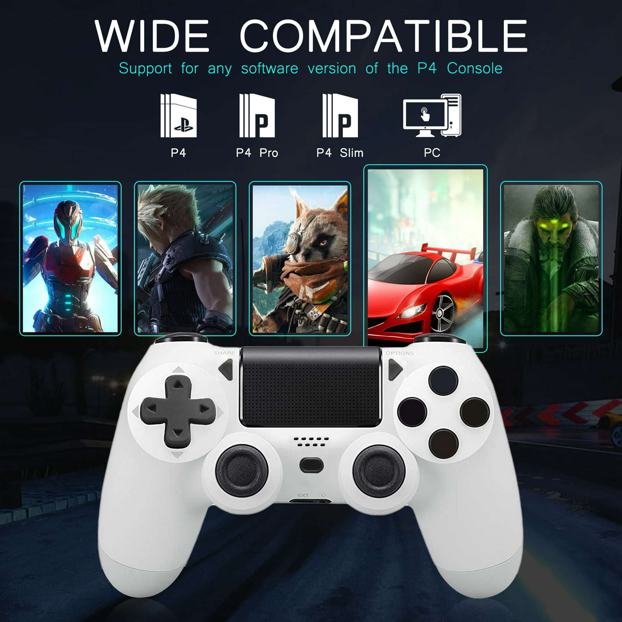 Weißer PS4-Controller mit Knöpfen und D-Pad. Bilder von P4, P4 Pro, P4 Slim und PC-Spielen.