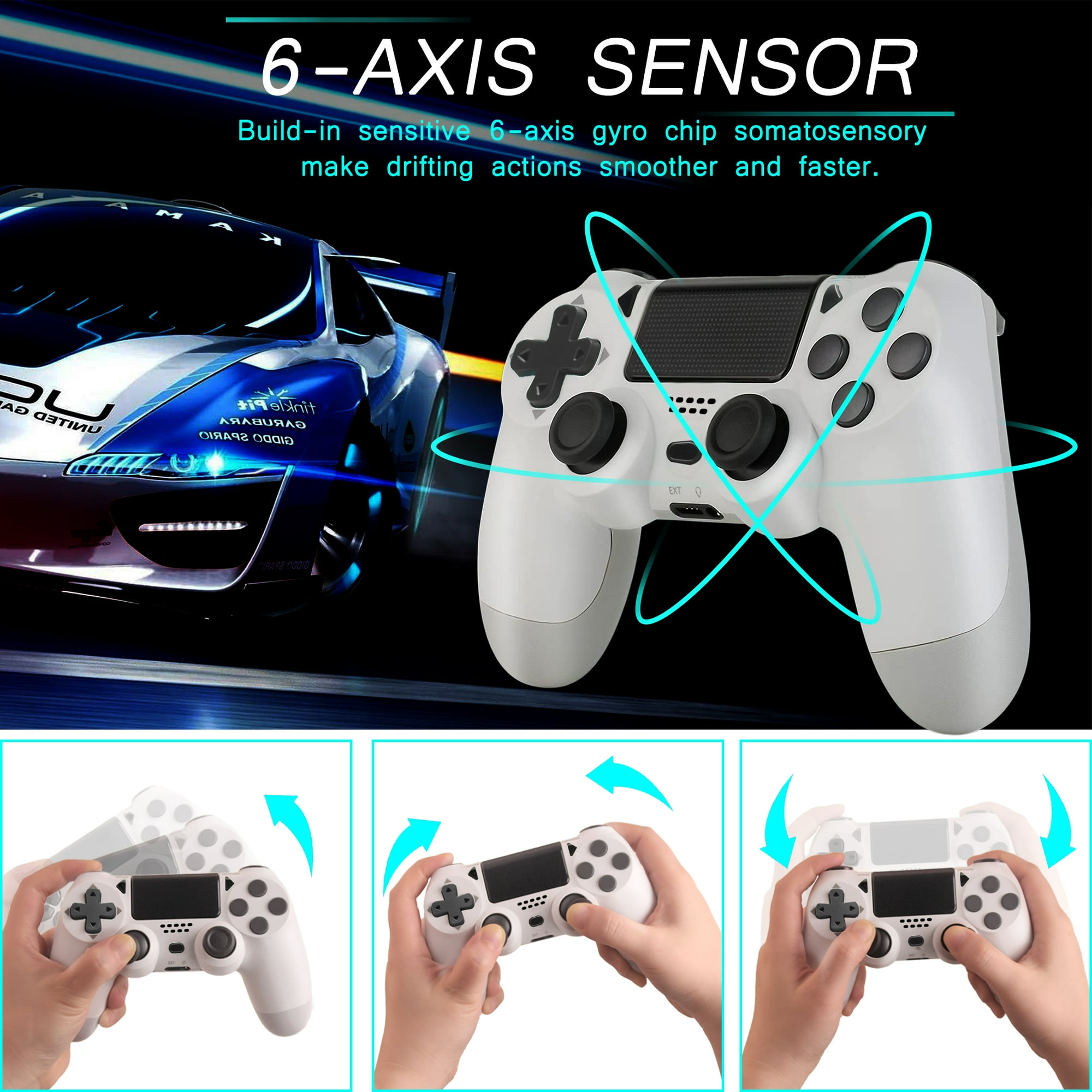 Weißer Gaming-Controller mit 6-Achsen-Sensor, der Drifting-Aktionen und Auto im Hintergrund zeigt.