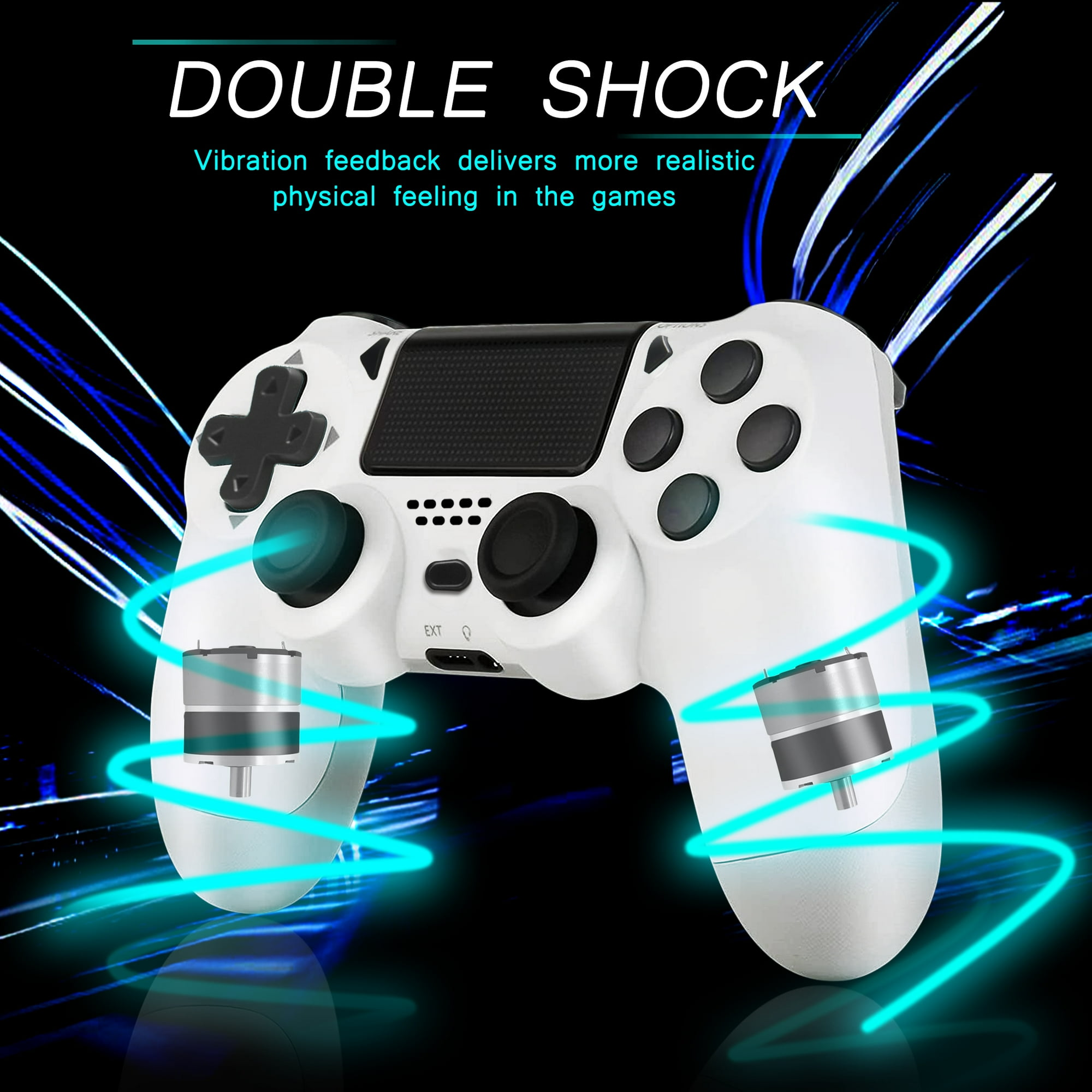 Weißer Gamecontroller mit Text 'DOUBLE SHOCK' und elektrisch blauen, energieartigen Linien.