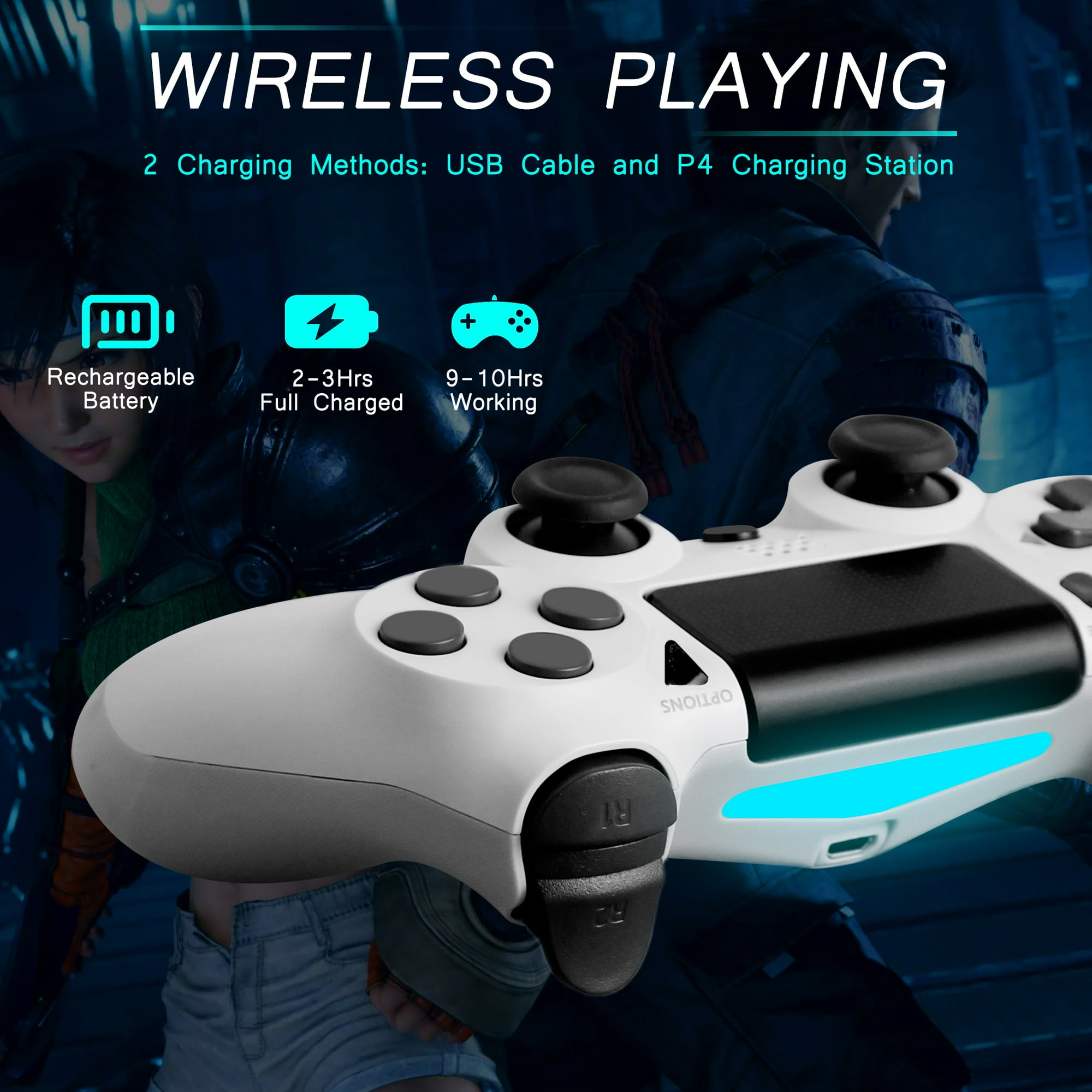 Weißer Gamecontroller mit Symbolen. Zeigt Akku, Ladezeit und Arbeitszeit.