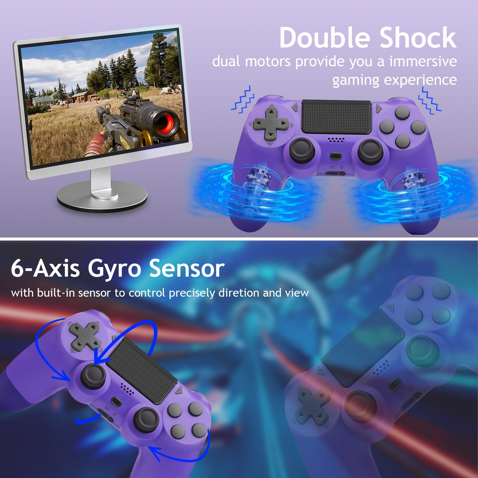 Bild zeigt einen lila Gamecontroller und einen Monitor mit einer Spielszene. Text hebt Funktionen wie Dualmotoren hervor.