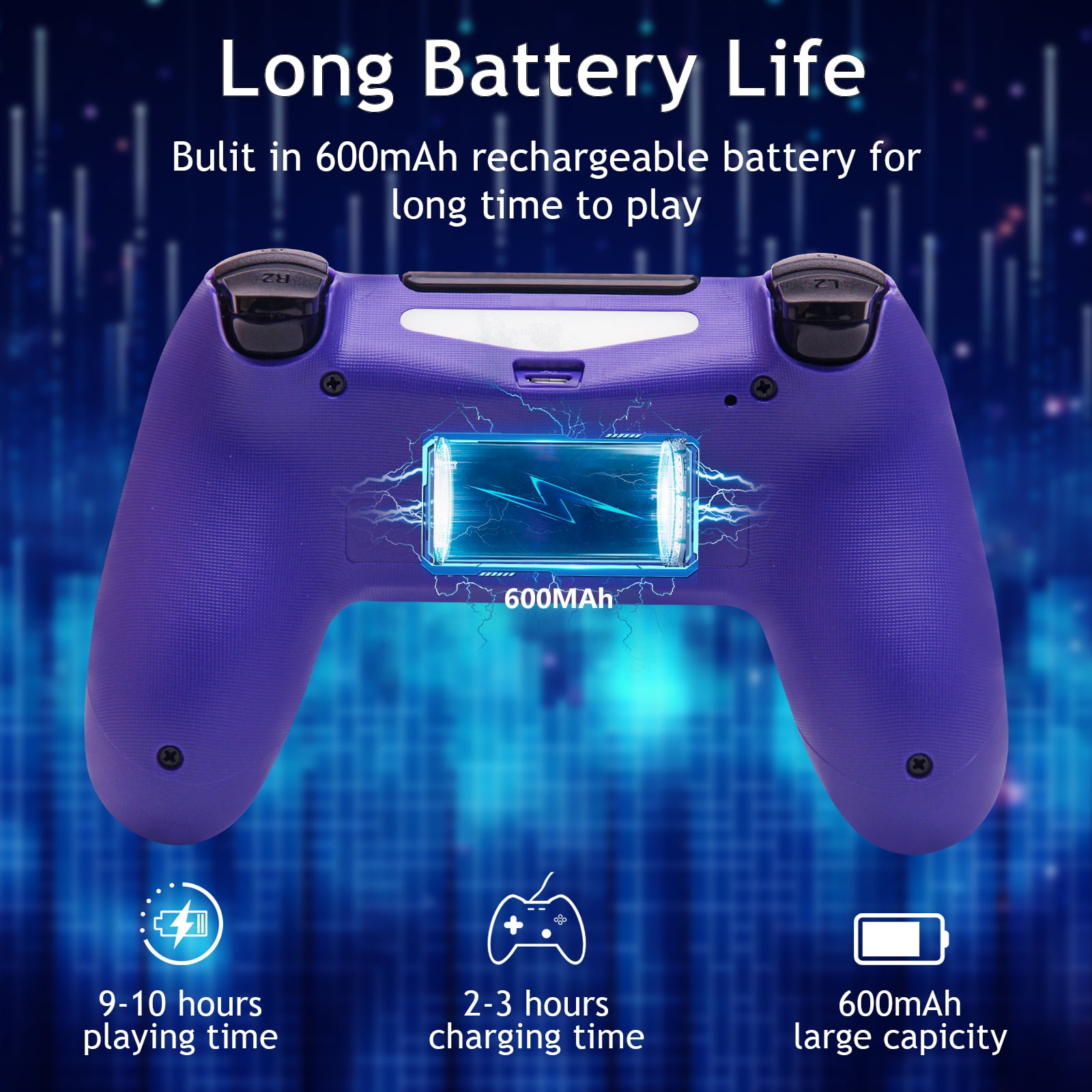 Ein lila Gamecontroller mit langer Akkulaufzeit von 9-10 Stunden und einer Ladezeit von 2-3 Stunden.