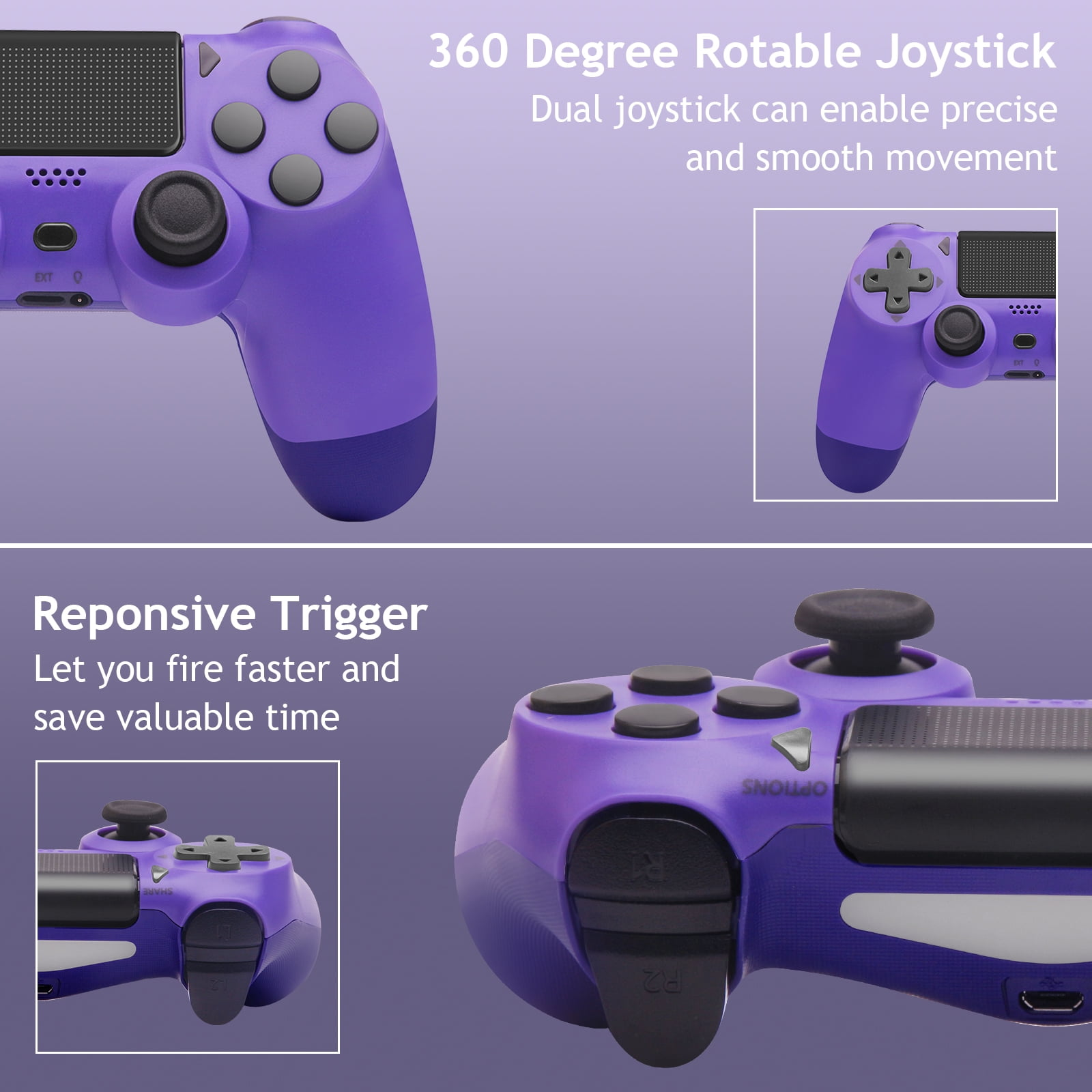Ein lila Gamecontroller mit Details zu Joystick- und Trigger-Funktionen.