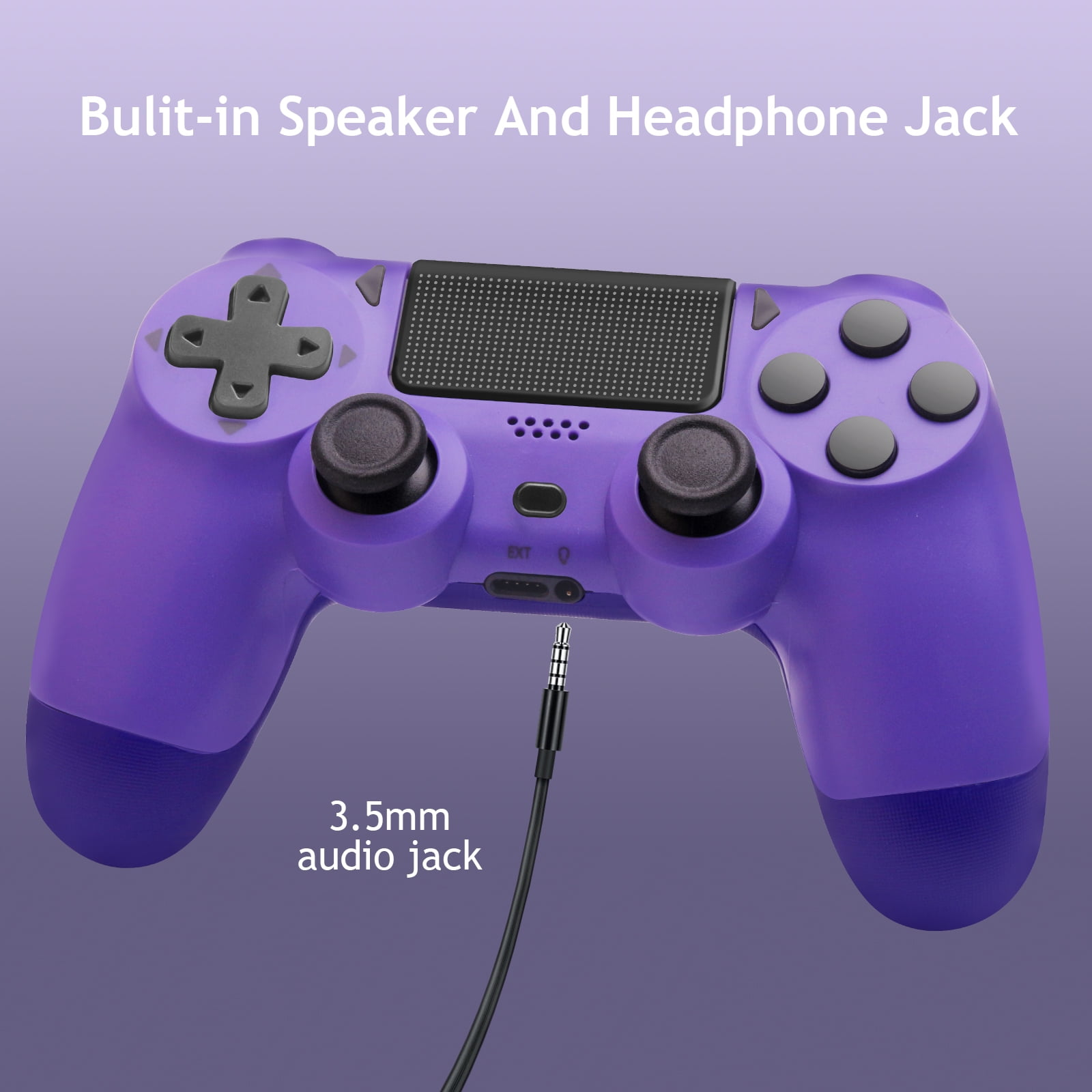 Lila Gamecontroller mit angeschlossener Audiobuchse. Tasten und Steuerkreuz sichtbar.