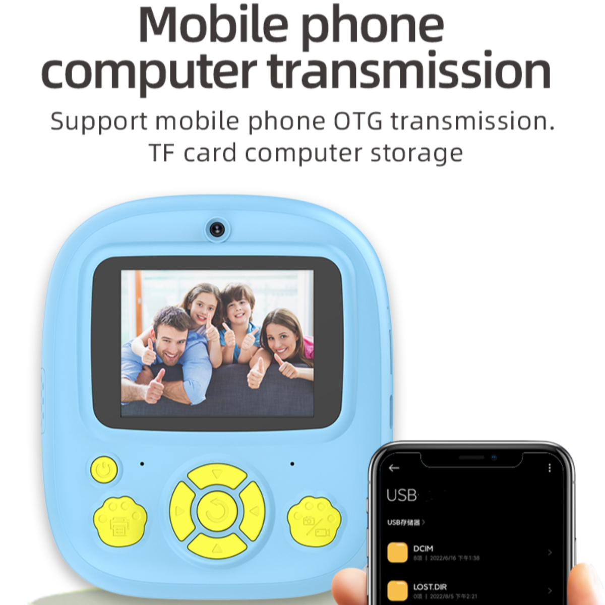 Blaue Digitalkamera mit Bildschirm, der ein Familienfoto zeigt, neben einem Smartphone.