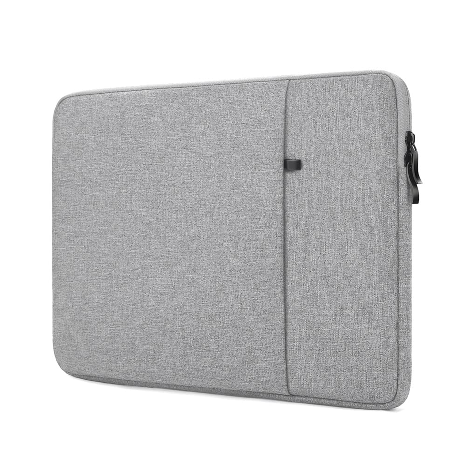 Graue Laptop-Hülle. Sie hat einen Reißverschluss und eine kleine Tasche an der Seite.
