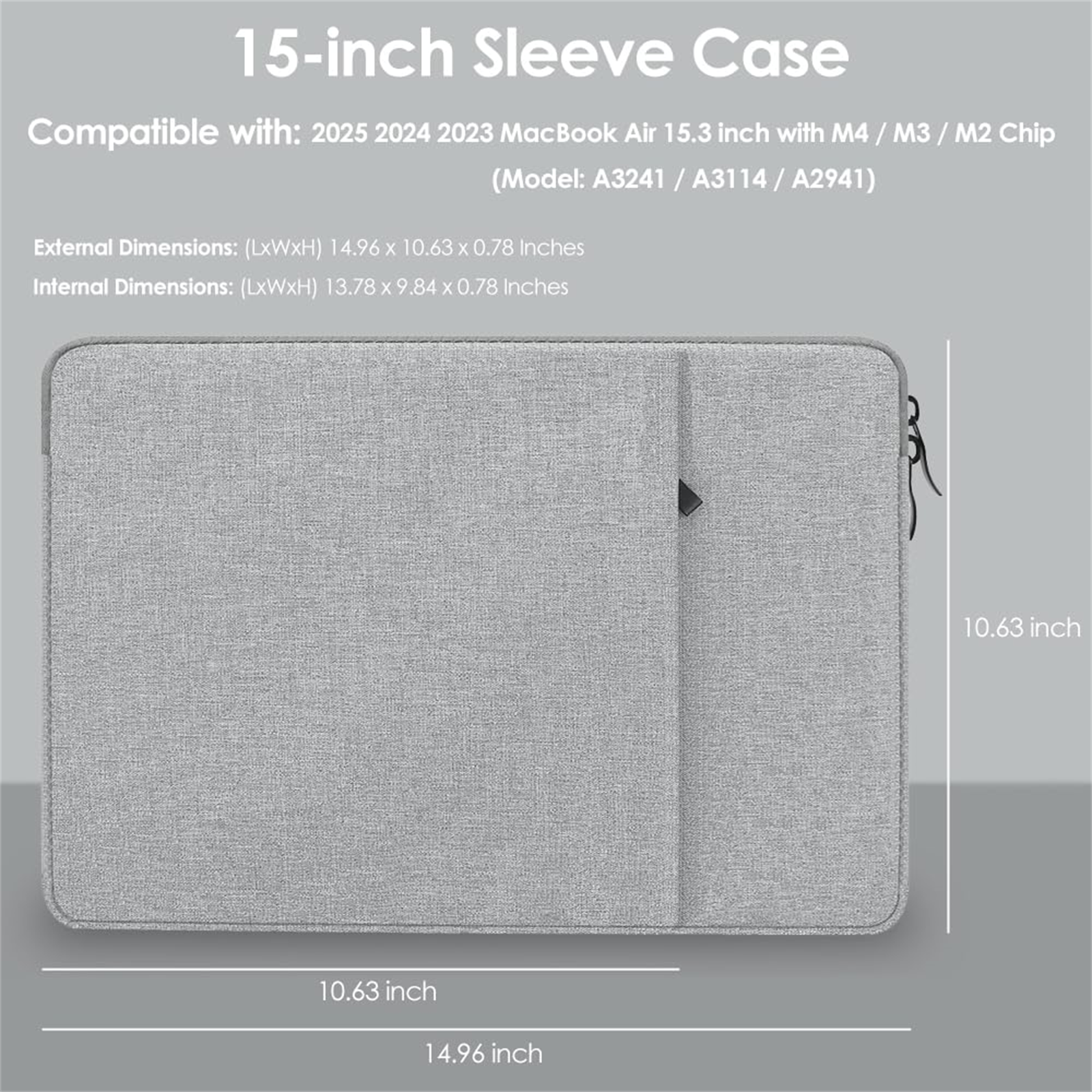 Graue Laptoptasche mit Abmessungen und Text. Weißer Hintergrund, geschlossen, mit Reißverschluss.