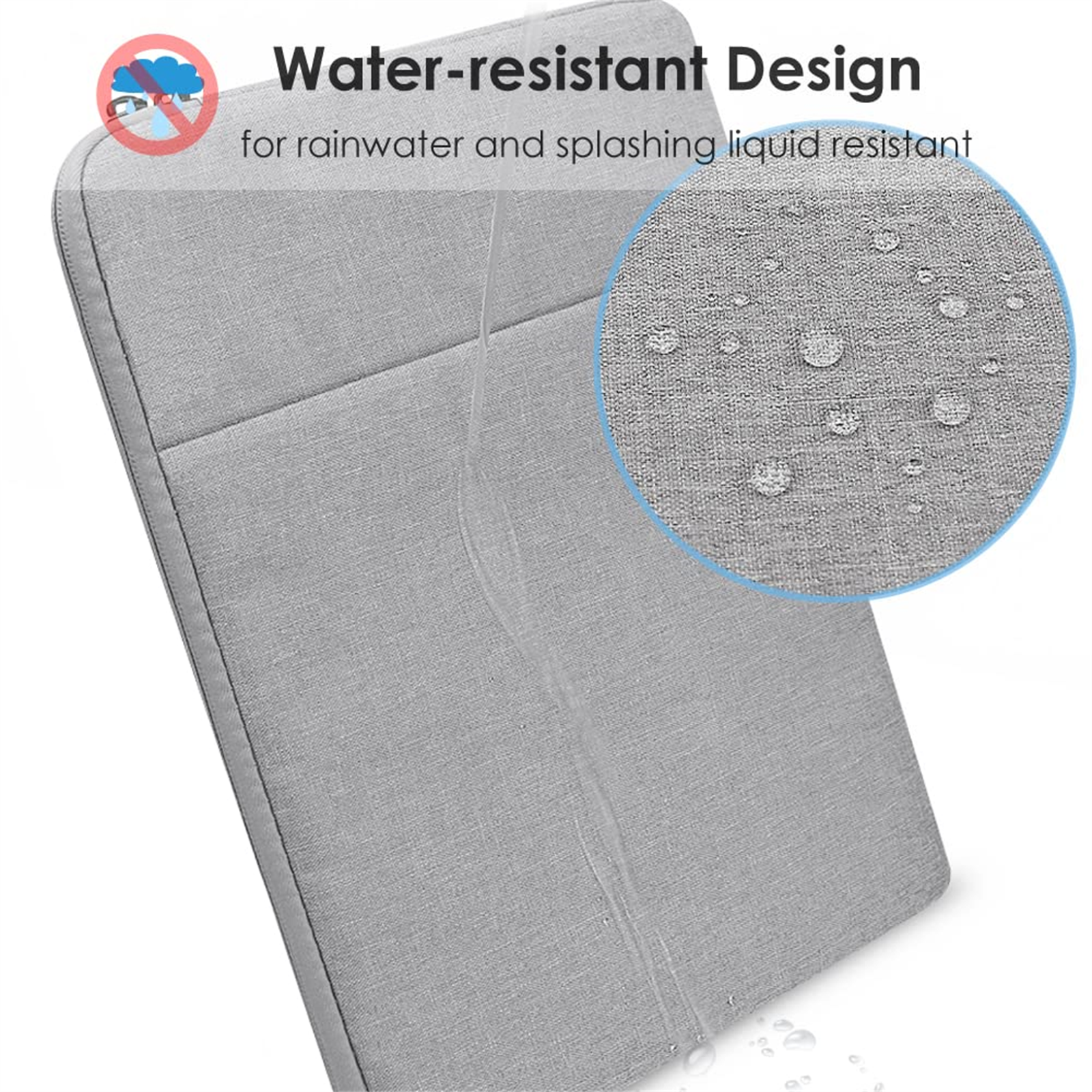 Graue Laptoptasche mit Wassertropfen, zeigt wasserdichtes Design.