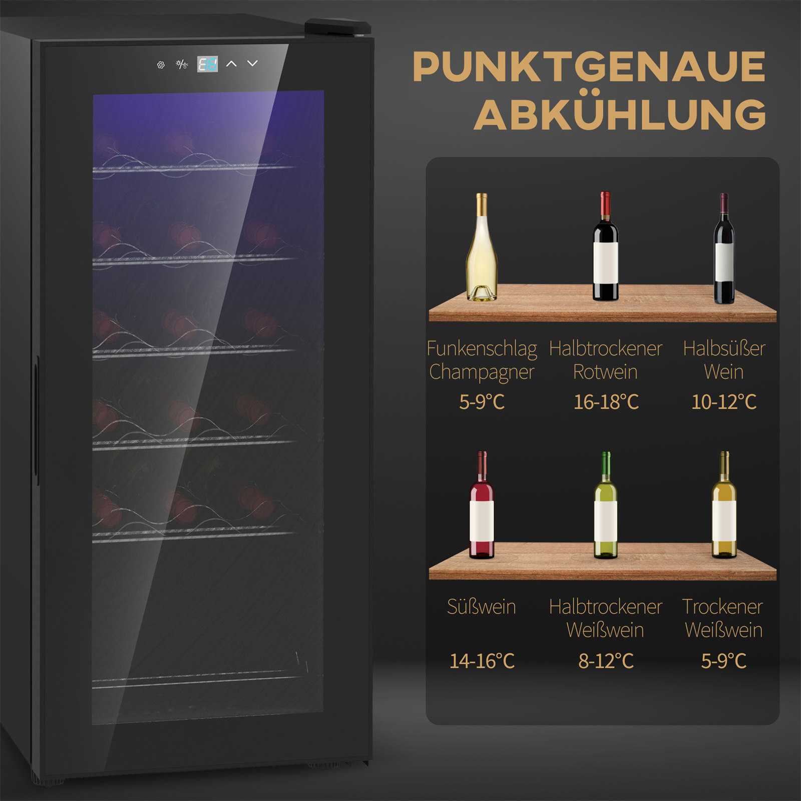 Ein schwarzer Weinkühler mit Weinflaschen im Inneren und einer Temperaturtabelle rechts.