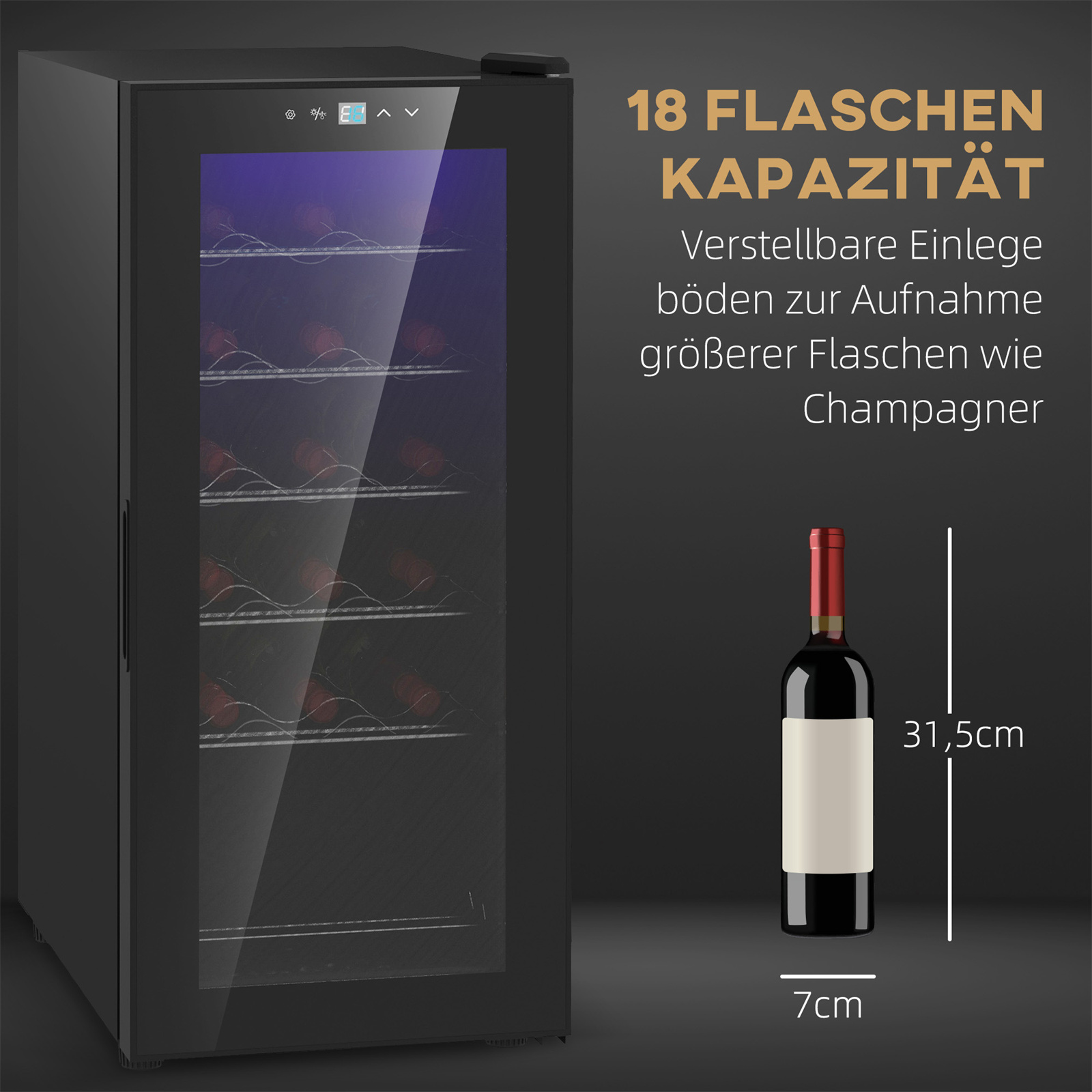 Schwarzer Weinkühler mit Glastür, hält Flaschen. Eine Weinflasche steht davor.