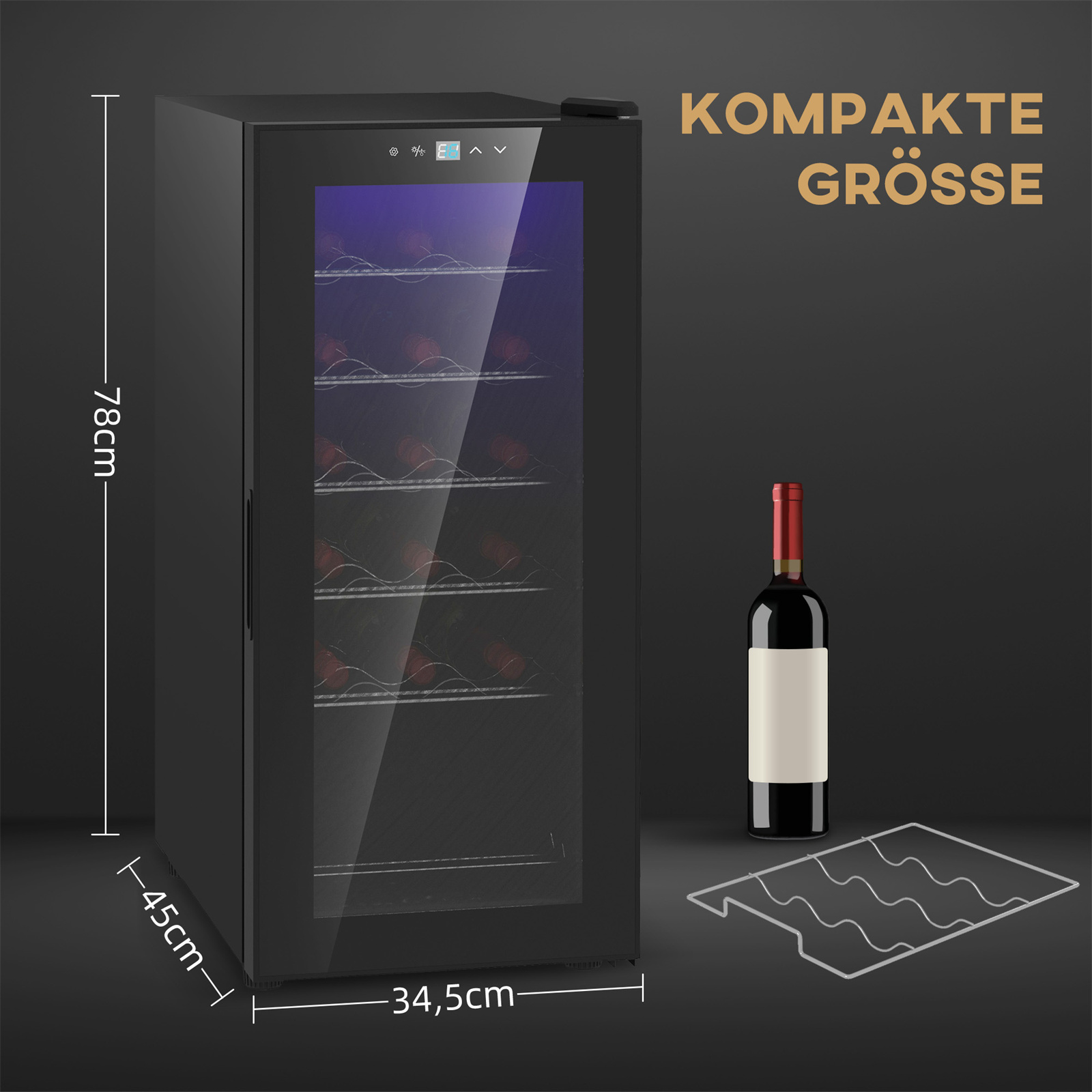 Schwarzer Weinkühler mit Glastür, mit Flasche und Gestell. Abmessungen sind angegeben.