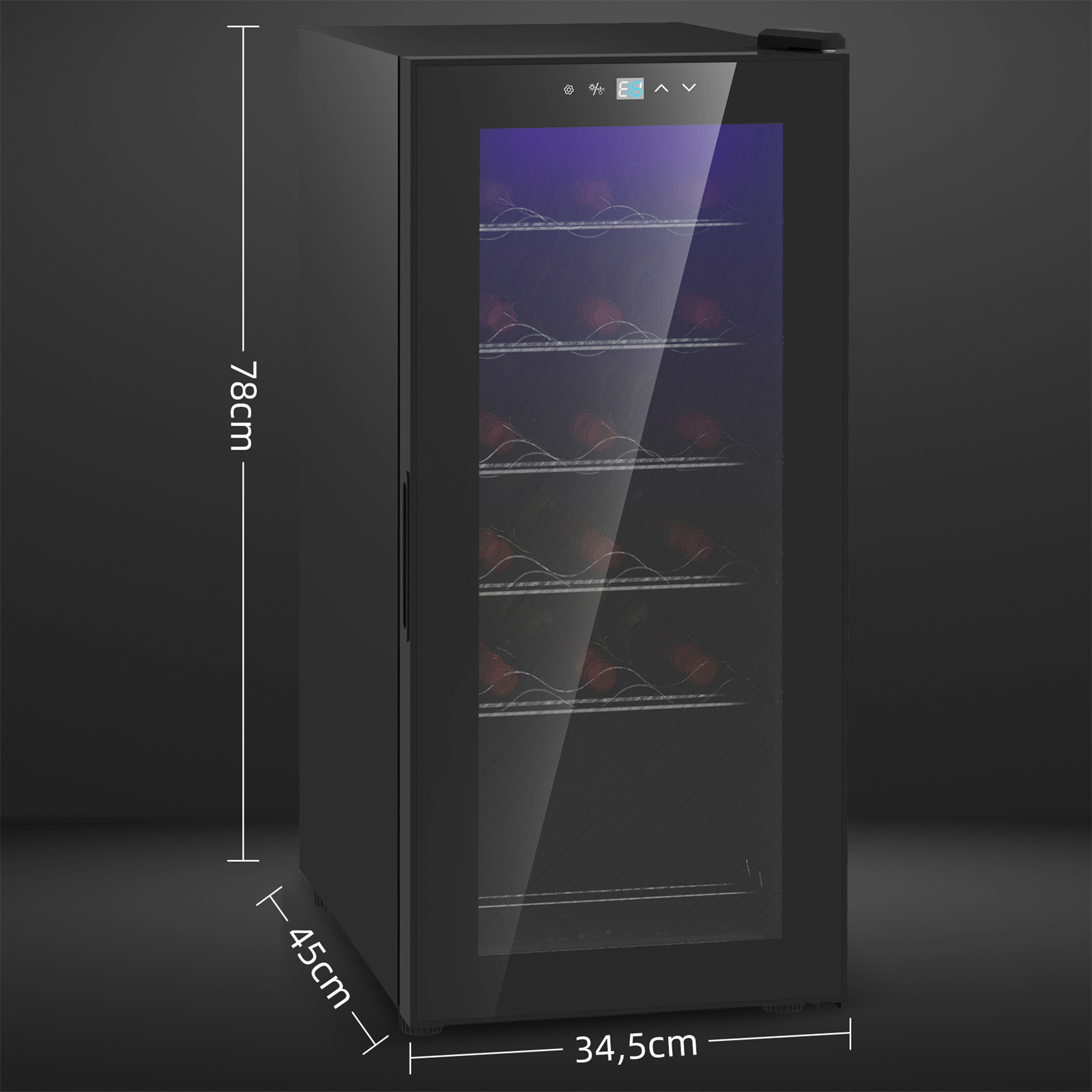 Schwarzer Weinkühler mit Maßen: 78cm hoch, 45cm breit und 34,5cm tief. Glastür und Regale innen.