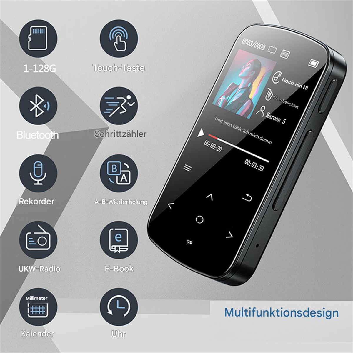 Schwarzer MP3-Player mit Bildschirm und mehreren Symbolen. Es ist von Symbolen verschiedener Funktionen umgeben.