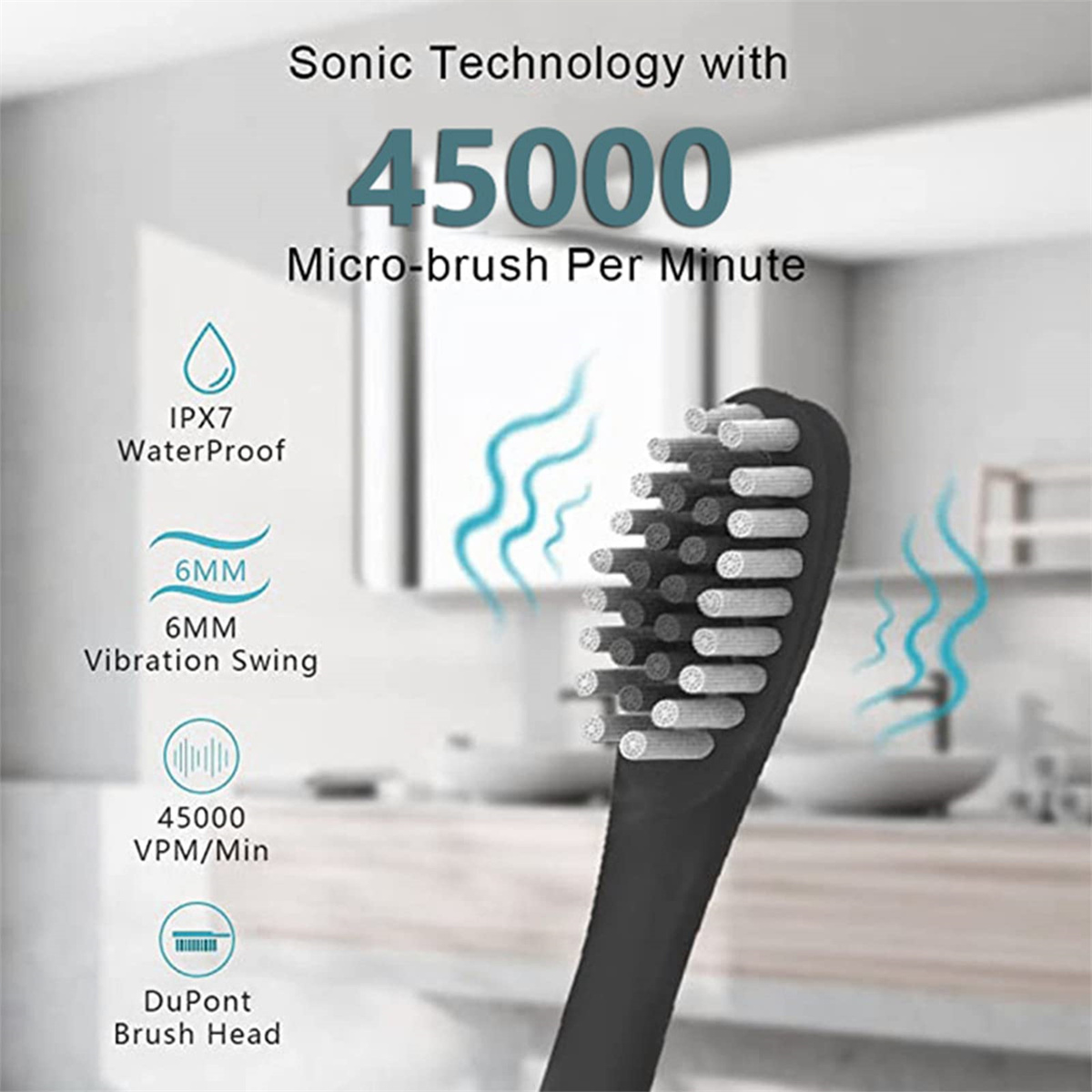 Schwarzer Zahnbürstenkopf mit Details zu Schalltechnologie, Wasserbeständigkeit und Bürstenkopfmerkmalen.