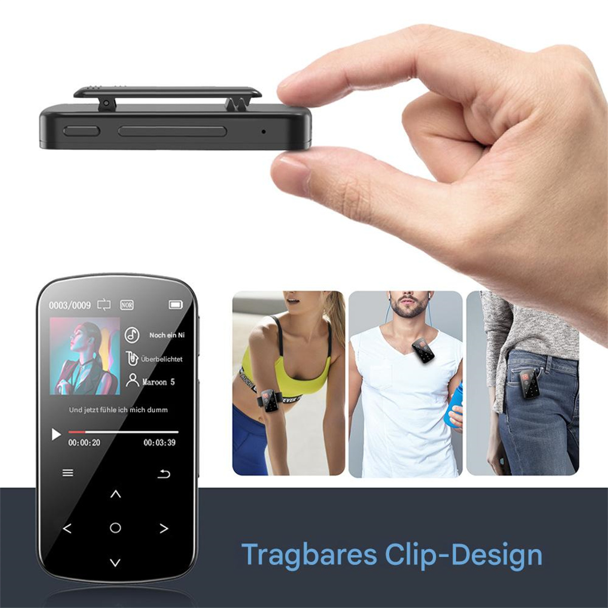 Schwarzer Audiorecorder mit Clip. Zeigt Anwendungsbeispiele, auch an Kleidung und Körper.