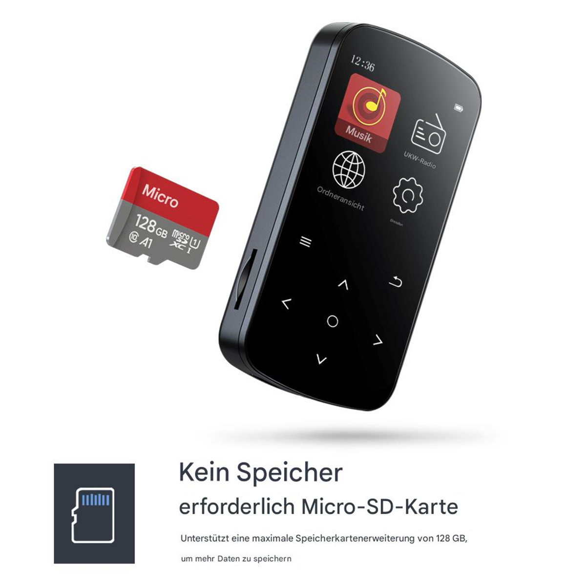 Ein schwarzer MP3-Player mit einer Micro-SD-Karte. Der Bildschirm zeigt Musikoptionen an.