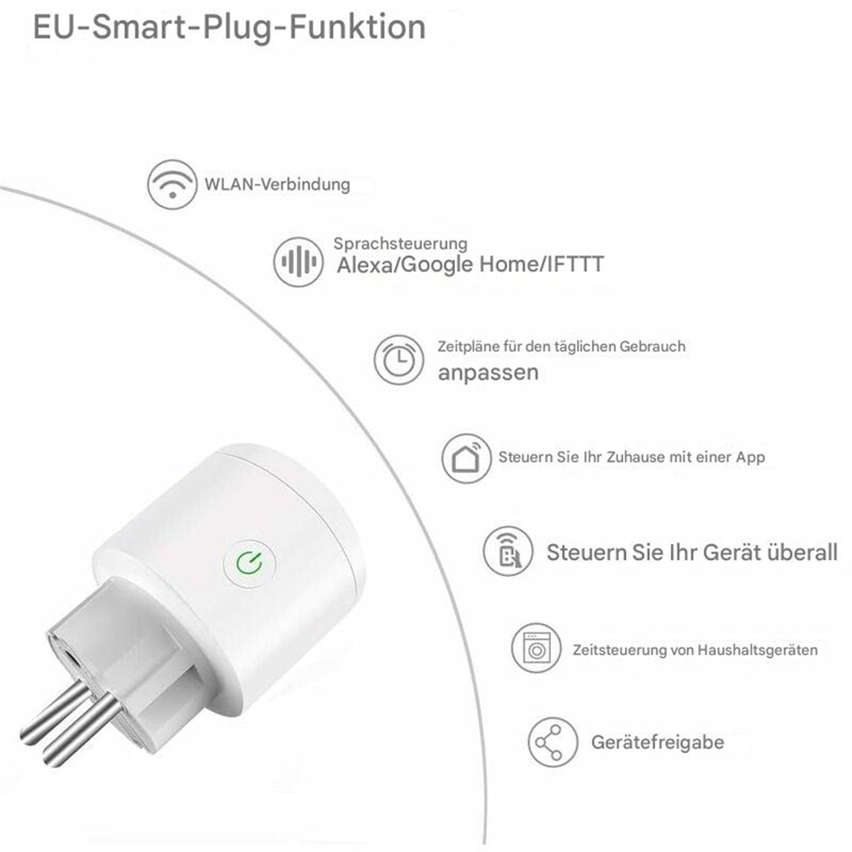 Ein weißer Smart-Plug mit grünem Licht, umgeben von Informationssymbolen.