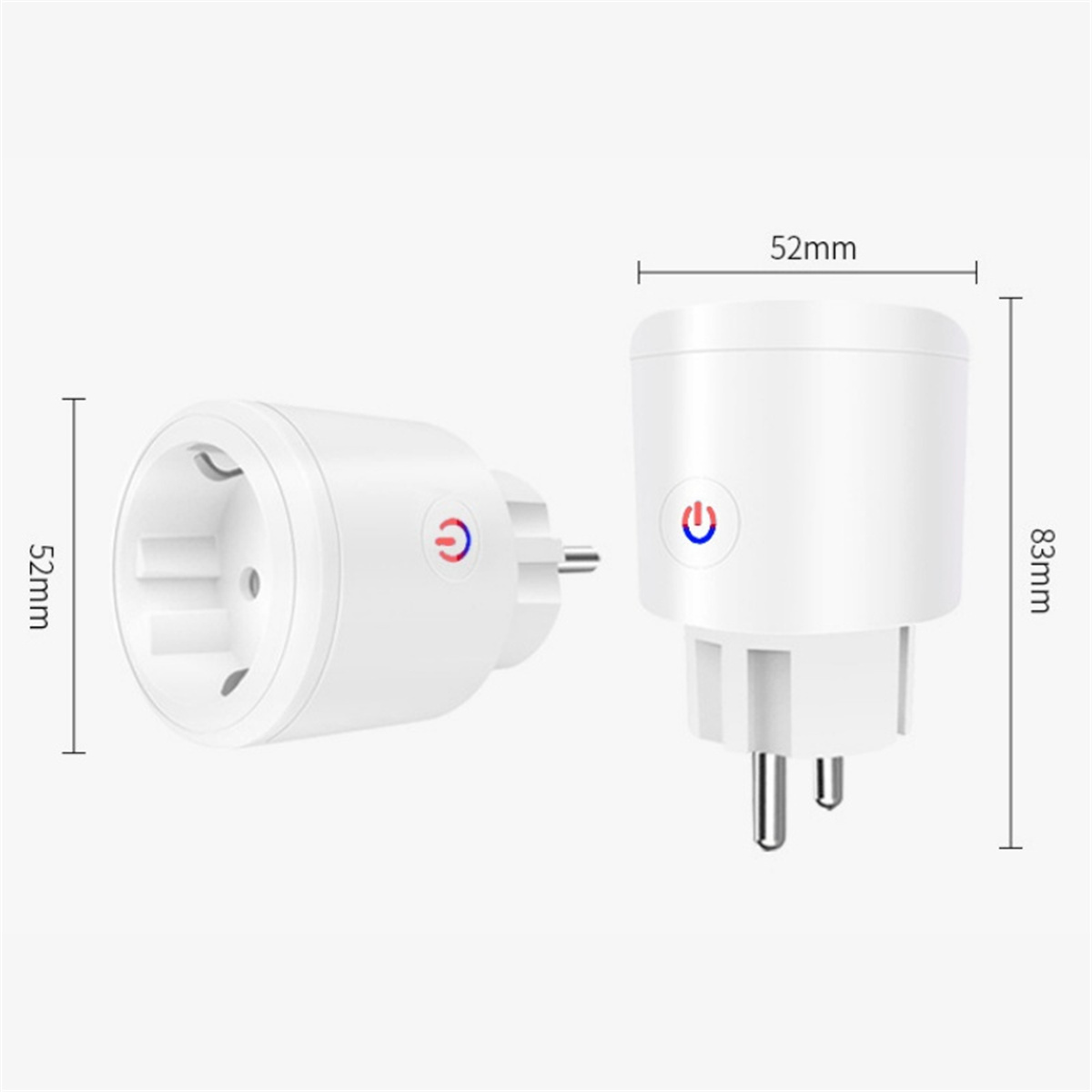 Zwei weiße Smart-Stecker. Maße werden angezeigt: 52 mm, 83 mm.