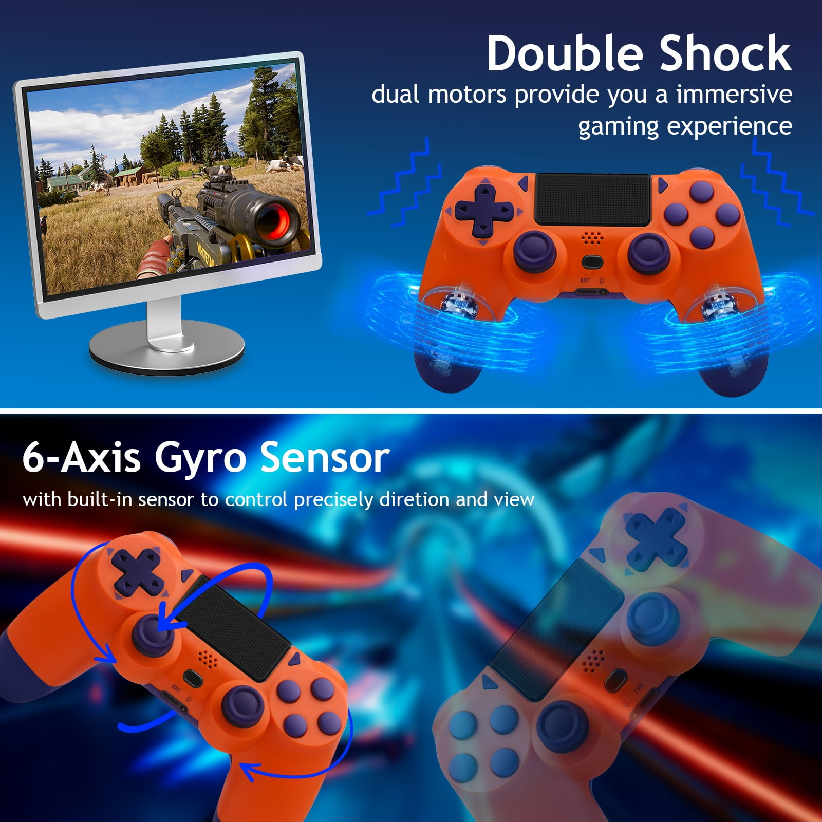 Ein orangefarbener Gamecontroller mit blauen Akzenten, der einen Fernseher und andere Controller zeigt.