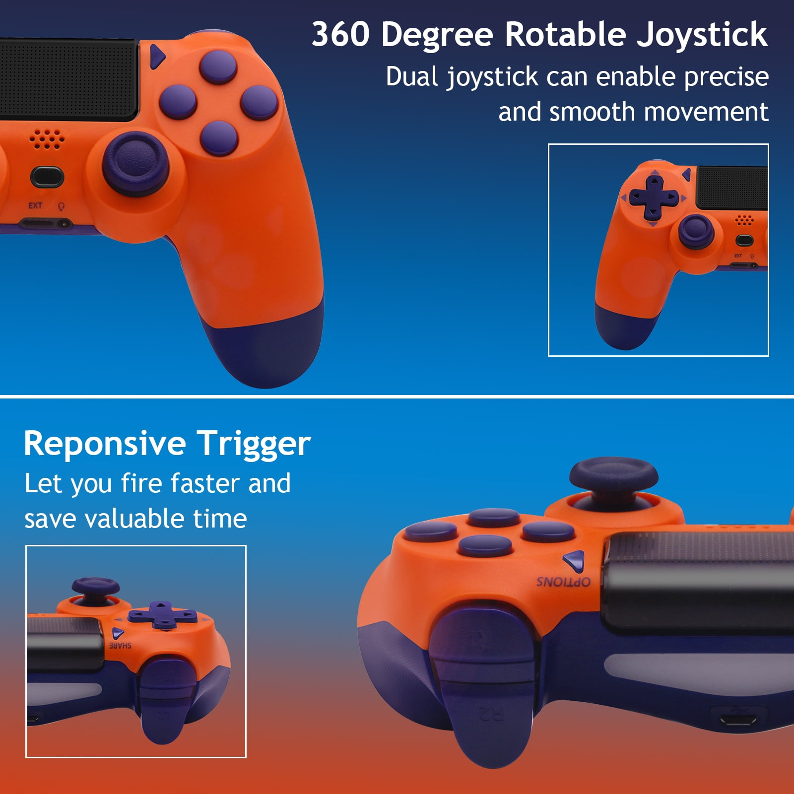 Orange-lila Gamecontroller mit Knöpfen und Joysticks.