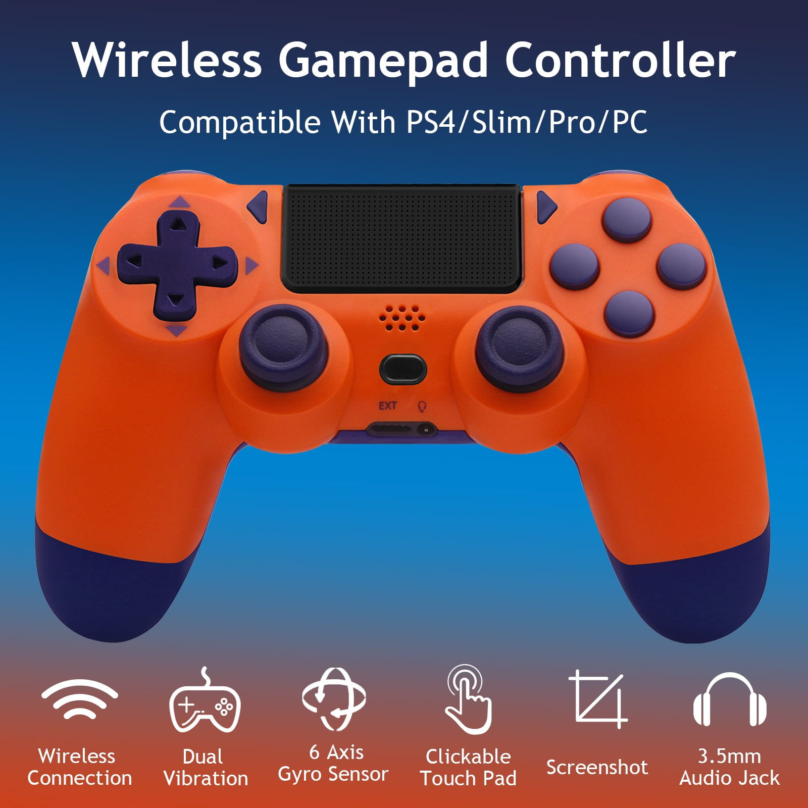 Oranger und lila Gamecontroller mit Funktionssymbolen, vor blauem Hintergrund.