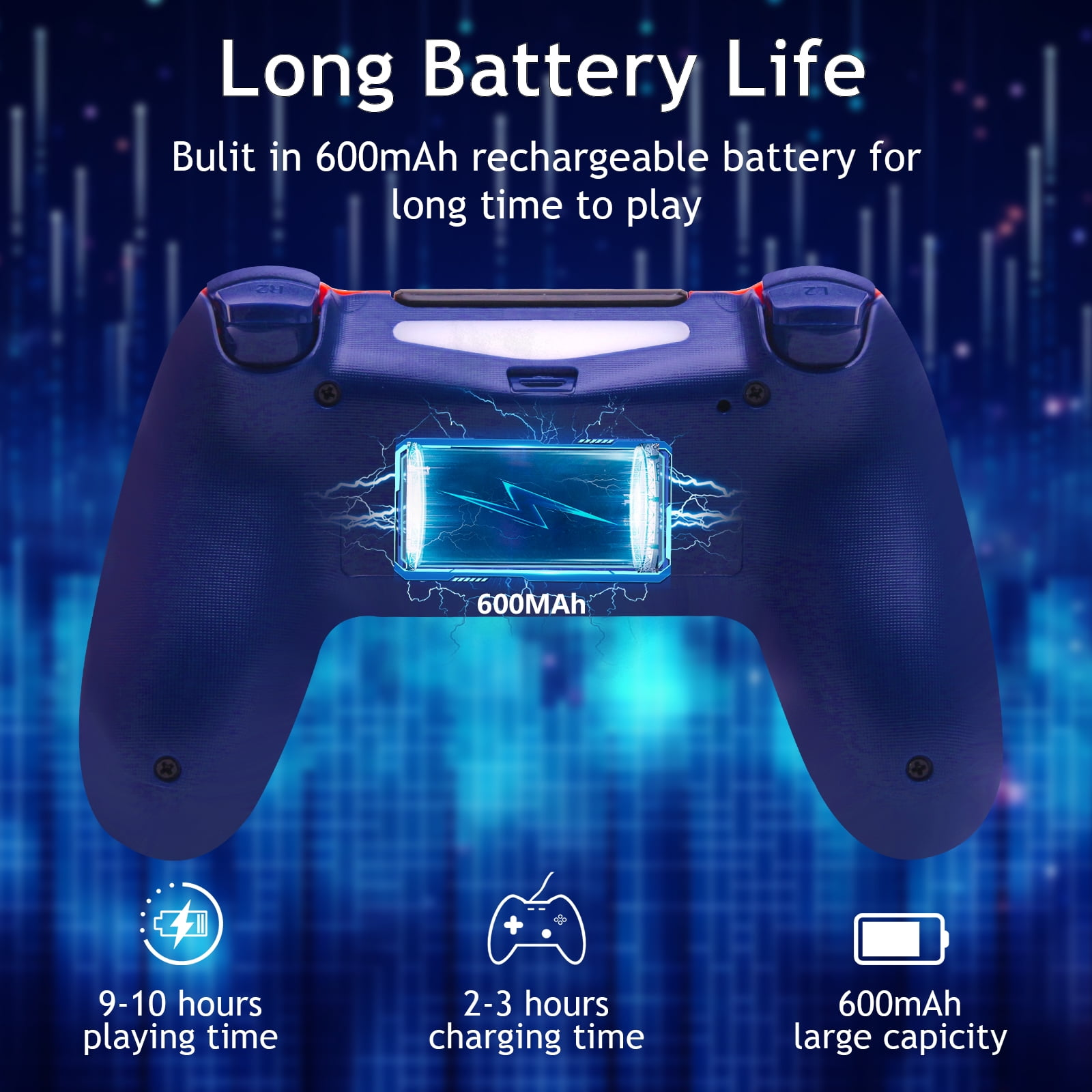 Blauer Gamecontroller mit Symbolen. Er zeigt Akkulaufzeit, Ladezeit und Kapazität.