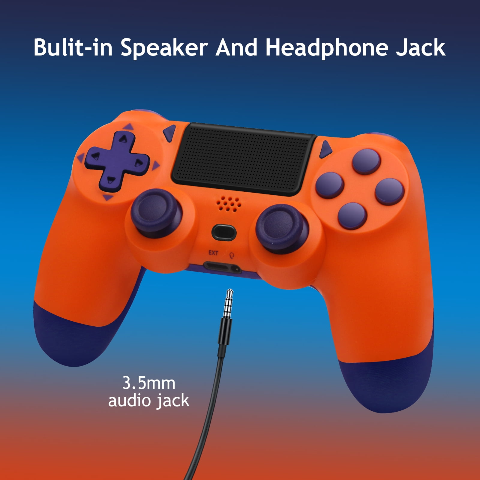 Orange und lila Gamecontroller. Ein 3,5-mm-Audioanschluss ist eingesteckt.