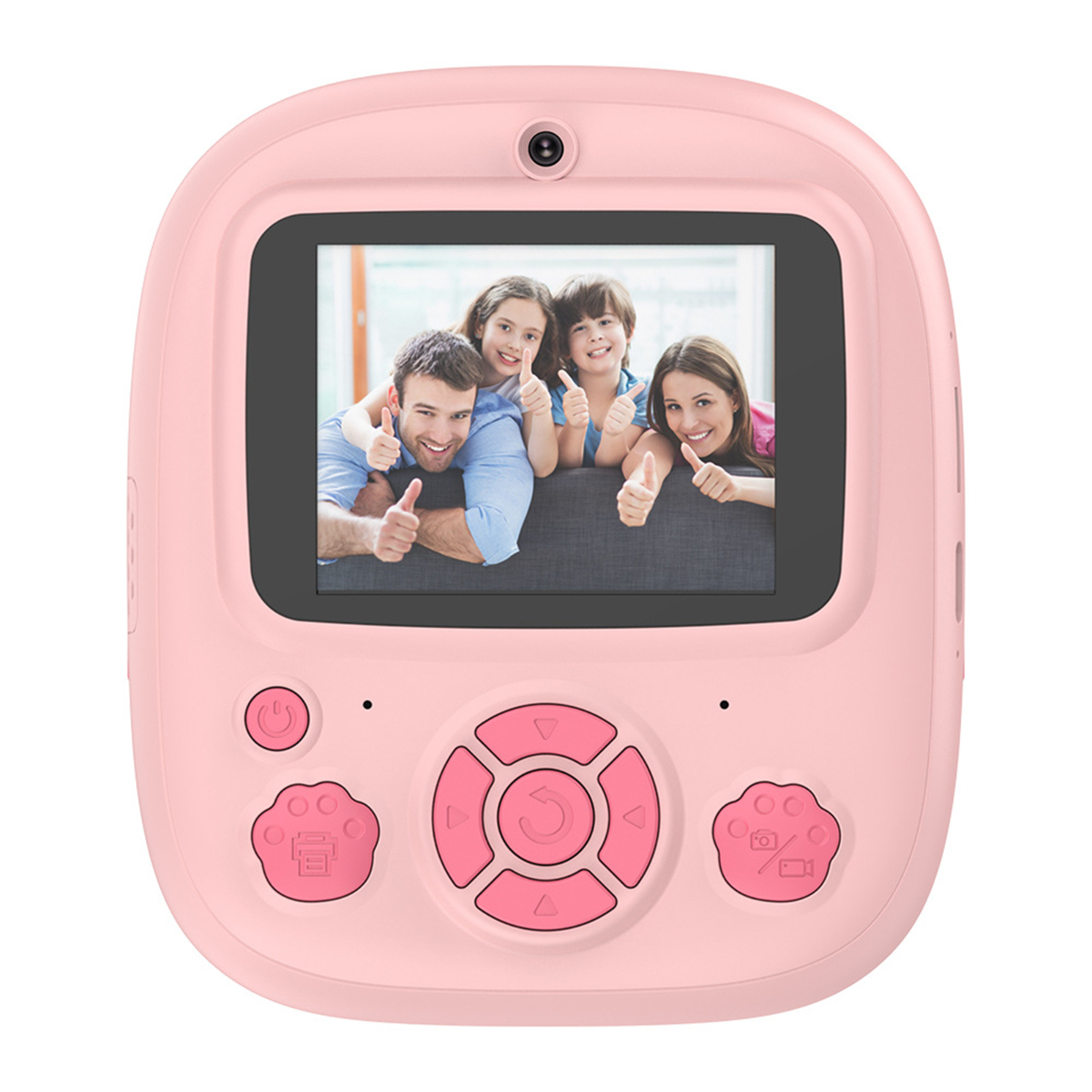 Rosa Kamera mit einem Bildschirm, auf dem eine Familie Daumen hoch zeigt.
