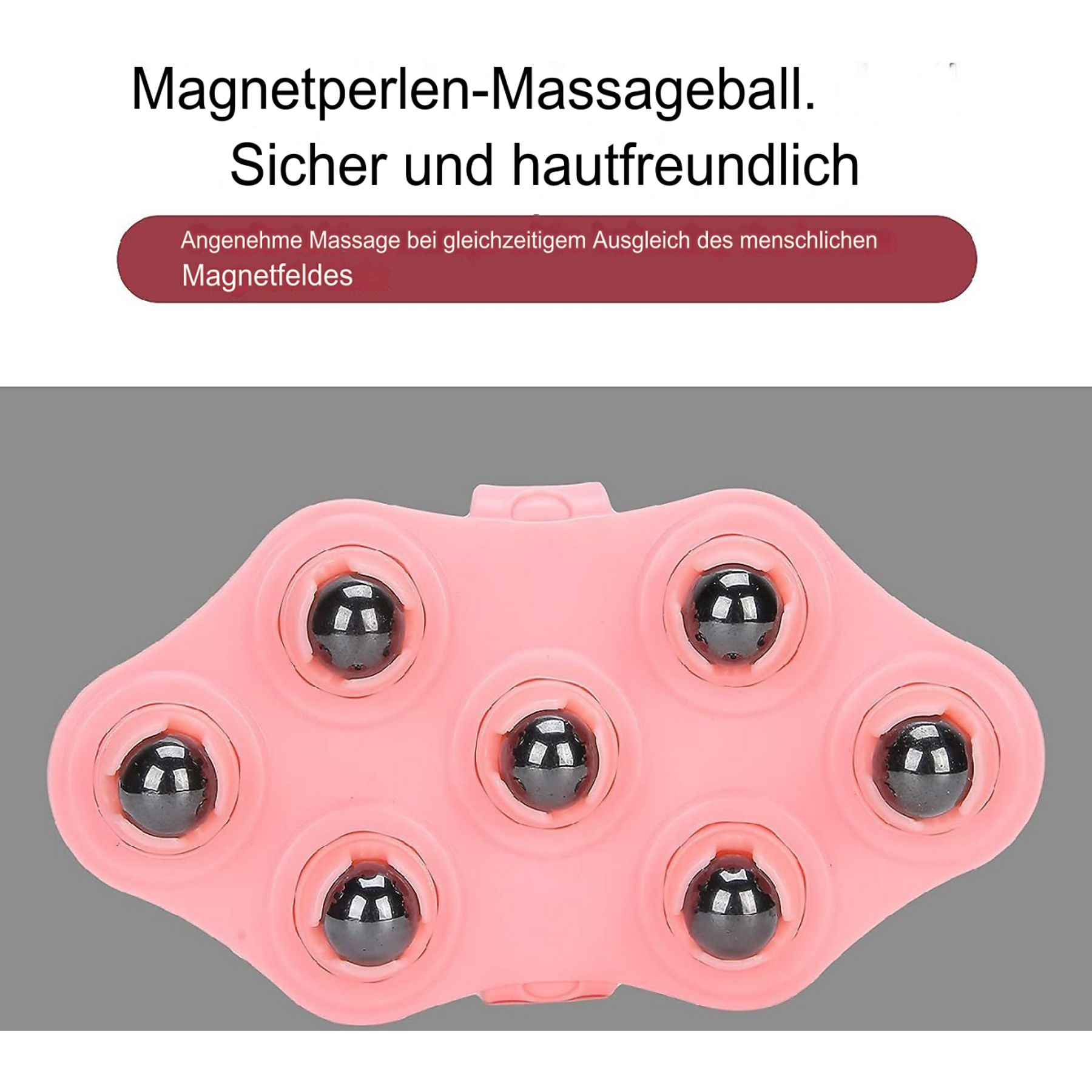 Pinkes Massagegerät mit schwarzen Kugeln. Das Werkzeug ist für die Massage konzipiert und verwendet Magnetfelder.