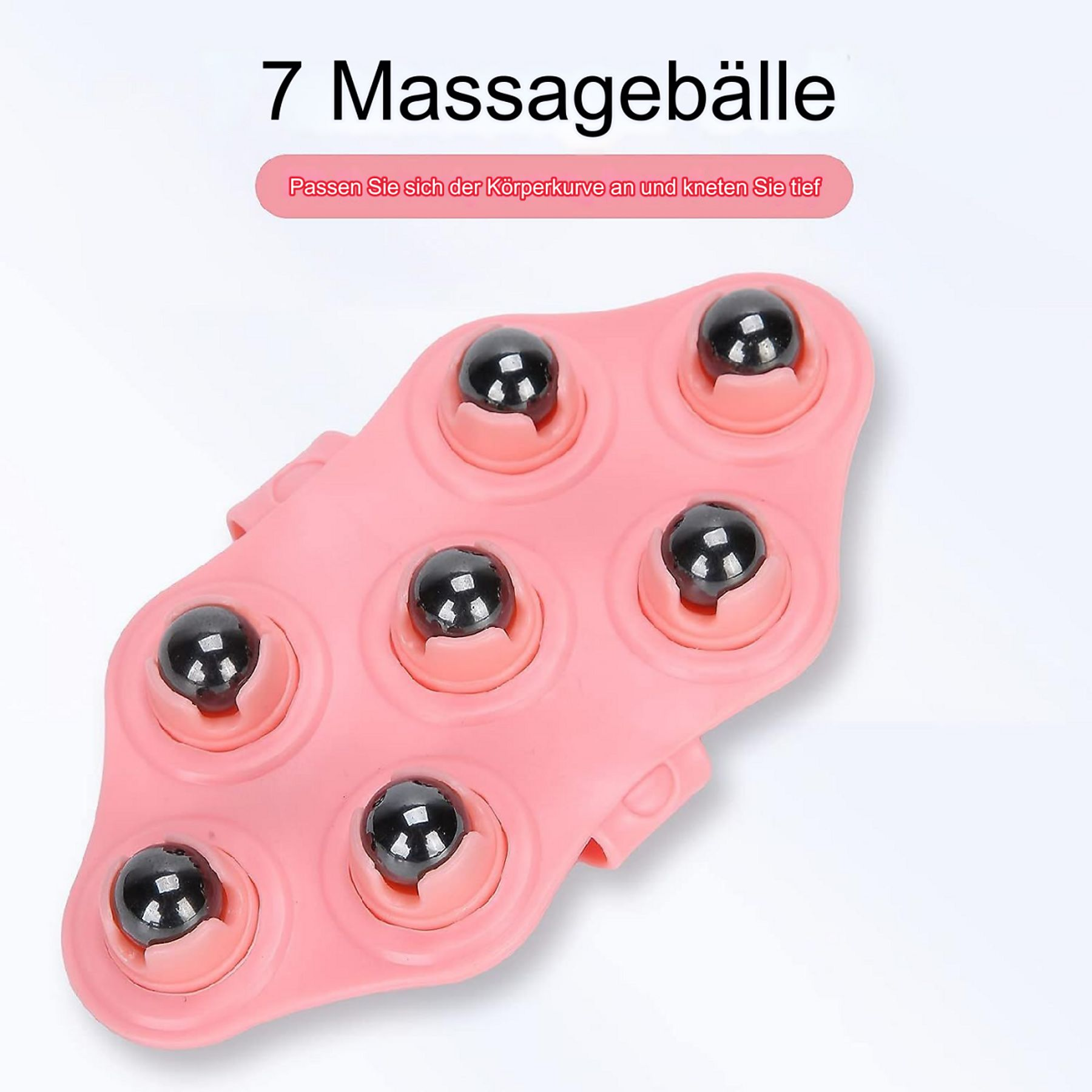 Rosa Massagegerät mit sieben schwarzen Kugeln. Oben steht '7 Massagebälle'.