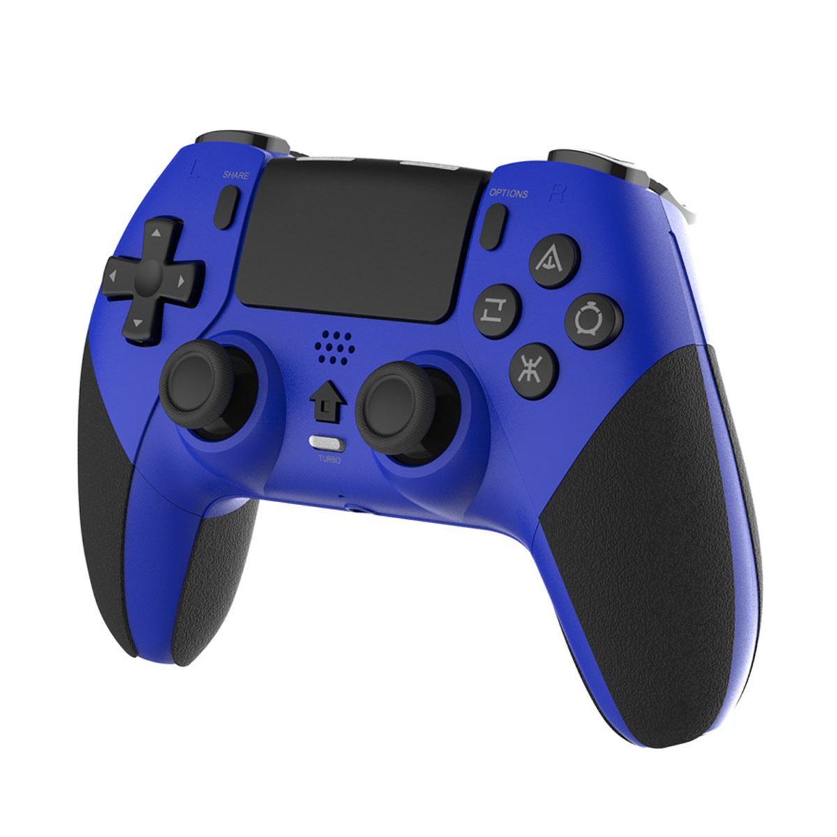 Blauer Gamecontroller mit schwarzen Akzenten. Verfügt über Tasten, Joysticks und Trigger.