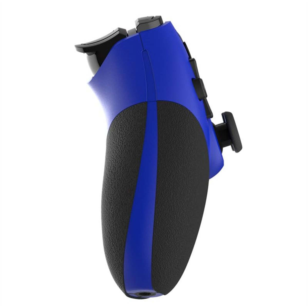 Blau-schwarzer Gamecontroller, Seite mit Trigger und Griff, auf weißem Hintergrund.