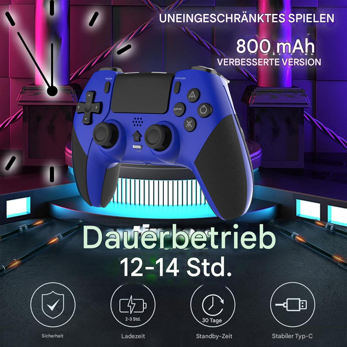 Ein blauer Gaming-Controller mit Knöpfen. Der Hintergrund hat Neonlichter mit einer Uhr und einem Ladekabel.