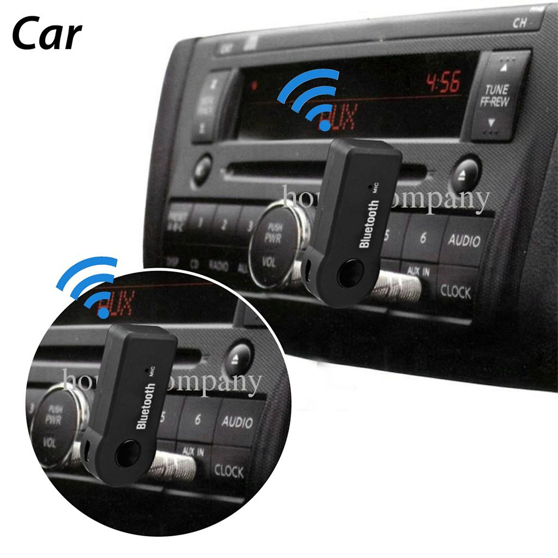 Zwei Bluetooth-Auto-Adapter und ein Autoradio mit hervorgehobenem AUX-Anschluss.