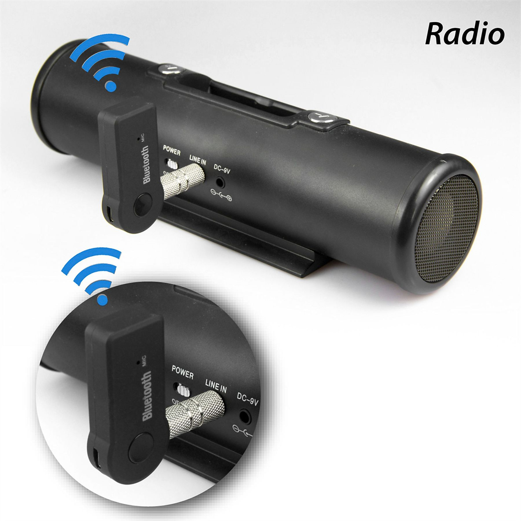 Schwarzes Radio mit Bluetooth-Empfänger. Drahtlose Signale kommen vom Empfänger.