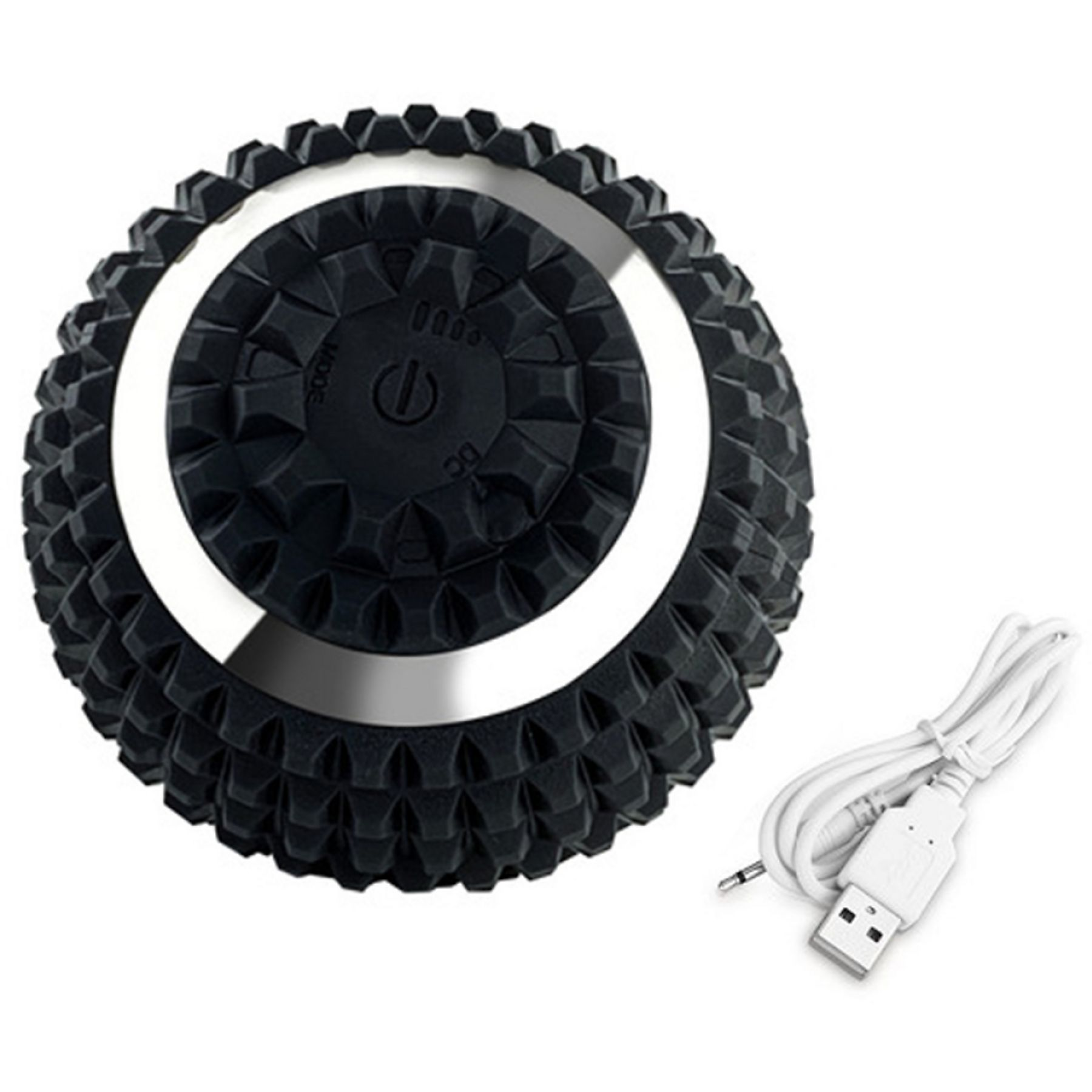 Schwarzer Massageball mit silbernem Ring und USB-Kabel.