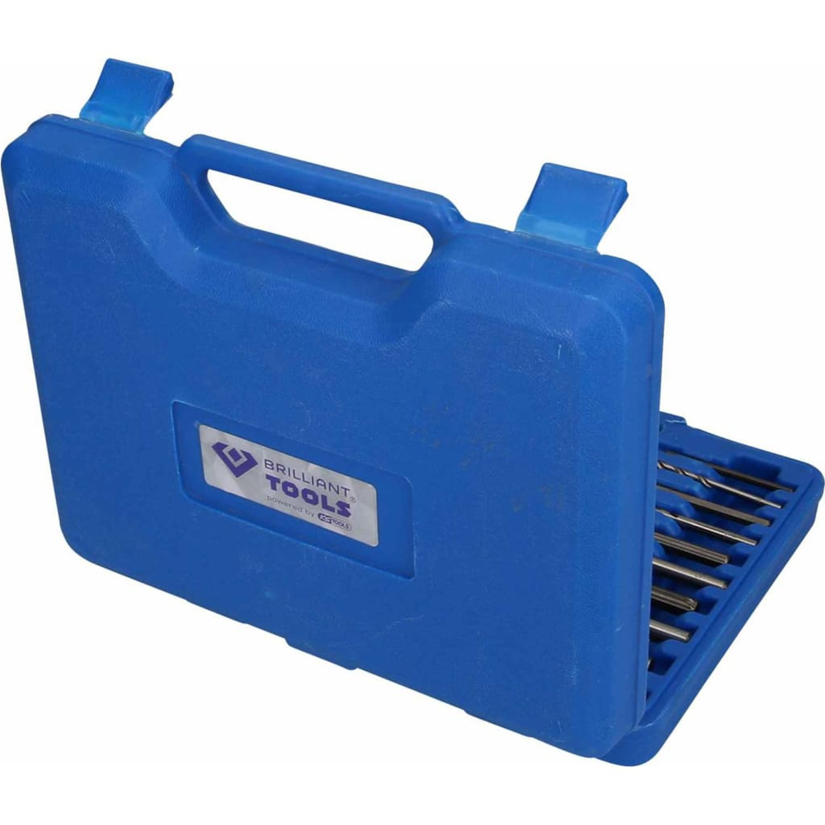 Blaue Werkzeugkiste geöffnet mit Bohrer Bits im Inneren.