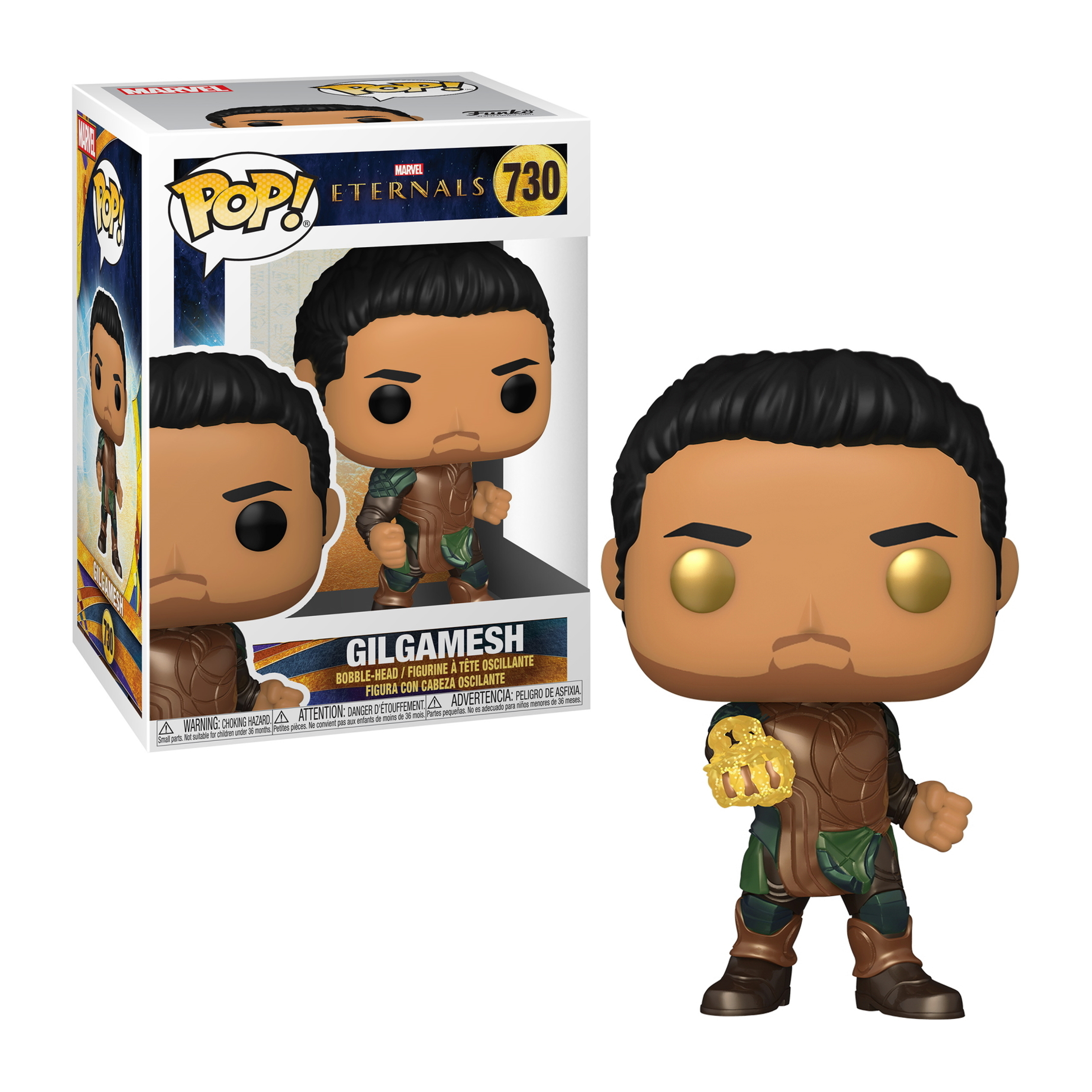 Verpackte Gilgamesh Funko Pop Figur. Figur ist braunhäutig mit goldenen Augen und Rüstung.