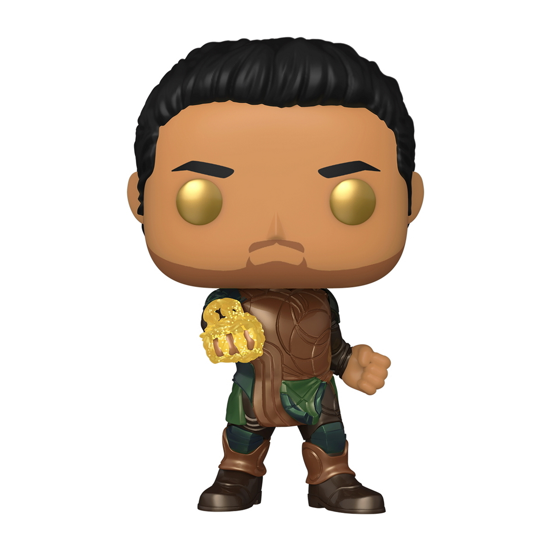 Funko Pop Figur eines schwarzen Mannes in einem Kampfanzug mit goldenen Händen.