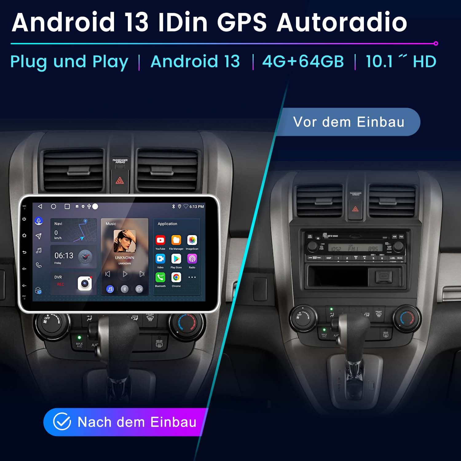 Deska rozdzielcza samochodu z radiem Android 13 GPS. Pokazuje nawigację i aplikacje multimedialne.