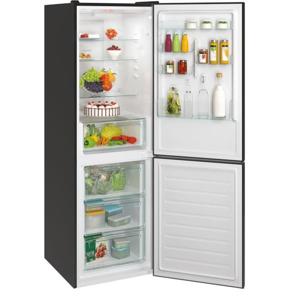 Frigorifero nero aperto con contenuto: frutta, verdura, bevande e generi alimentari.