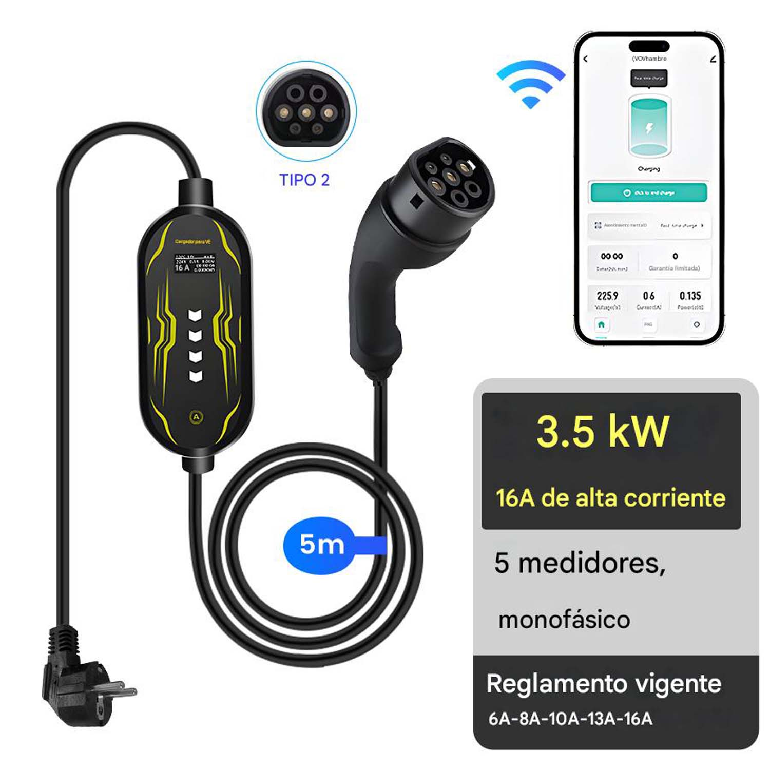 Cargador EV negro y amarillo y teléfono. Textos: Tipo 2, 3.5 kW, 16A, 5 metros, y más.