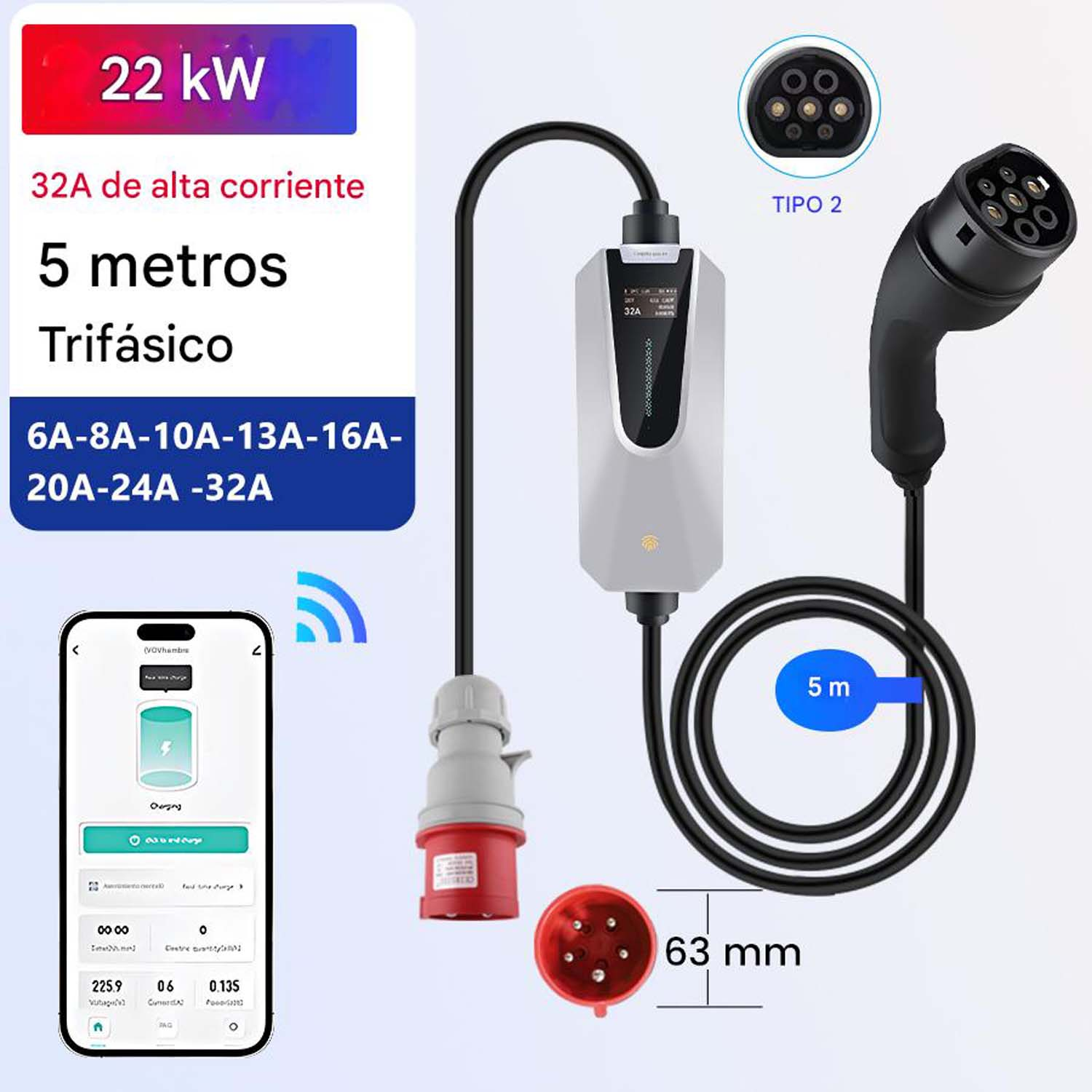 Estación de carga con cables y conectores. Muestra información técnica y una app para smartphone.