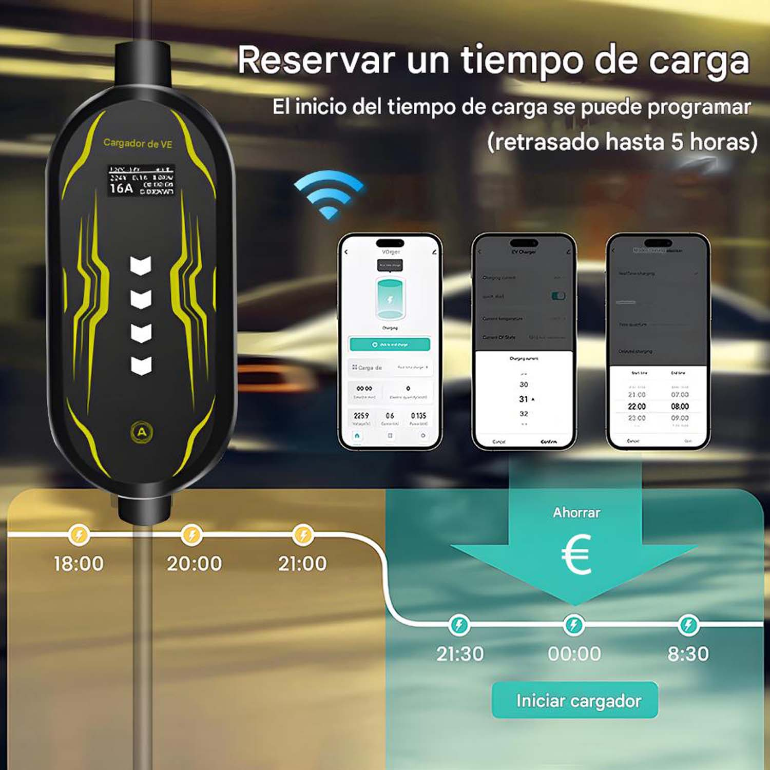 Una estación de carga con pantallas que muestran opciones y tiempos de carga, con texto en español.