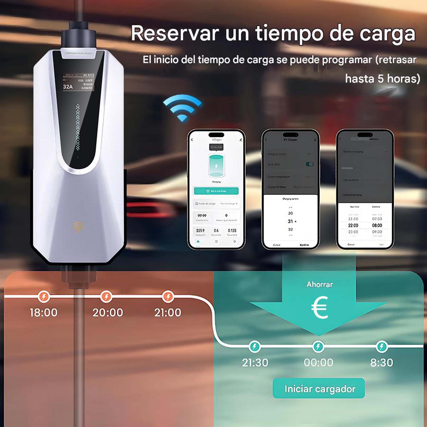 Cargador de vehículos eléctricos con pantallas de teléfono que muestran tiempos de carga y ahorro.